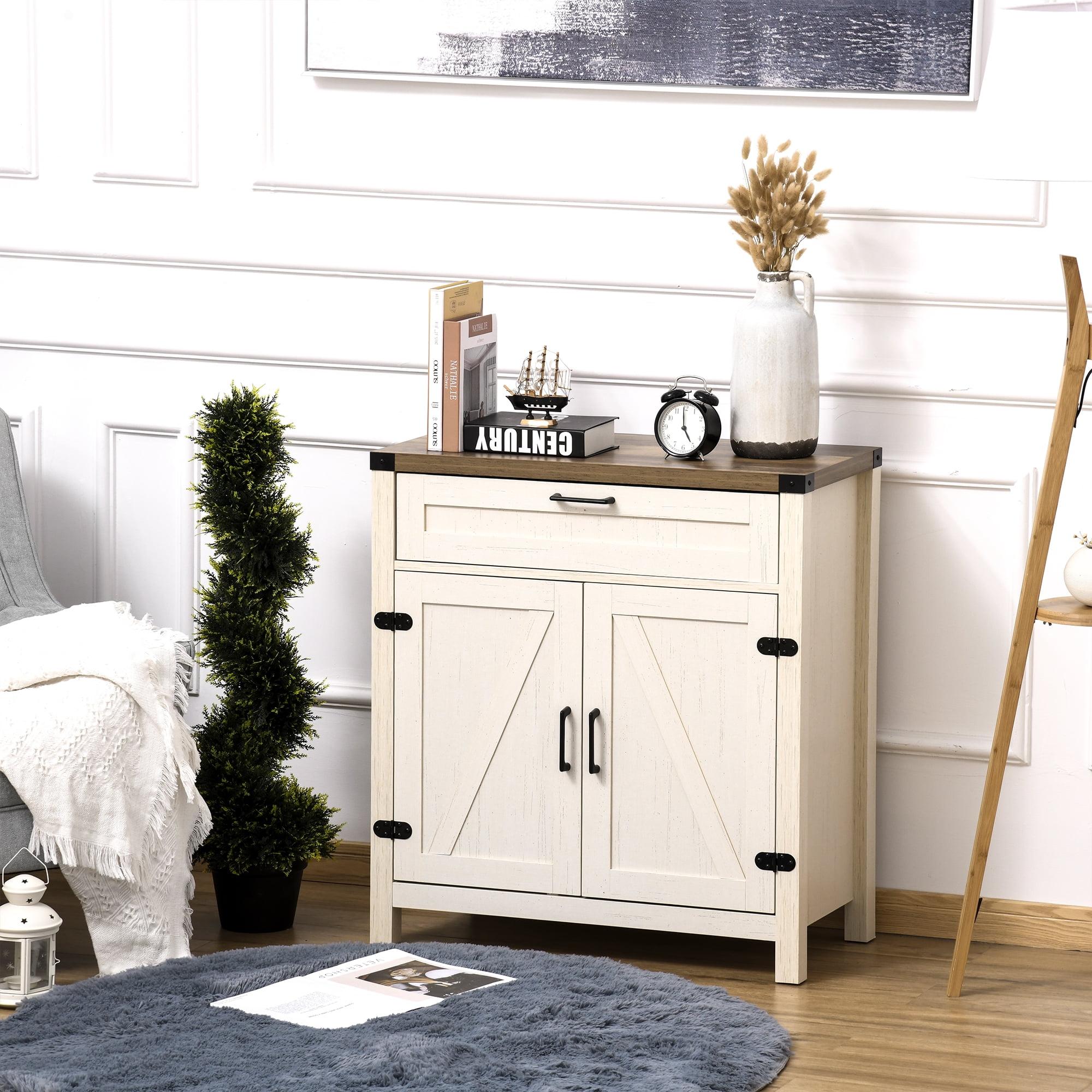 Distressed White Farmhouse Sideboard Buffet Cabinet with Barn Doors