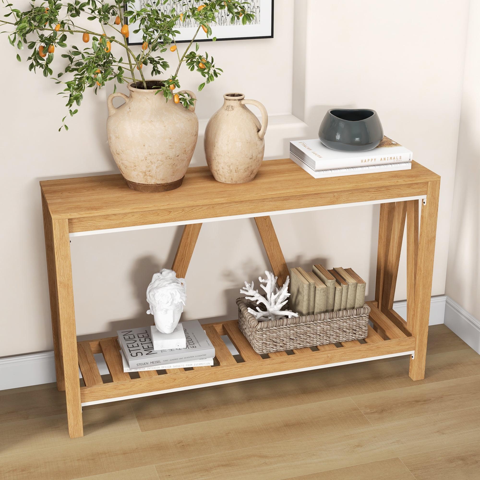 HOMCOM Farmhouse Console Table with Storage Shelf, Rustic Sofa Table with Anti-tipper for Living Room Furniture, Bedroom and Entryway, Brown