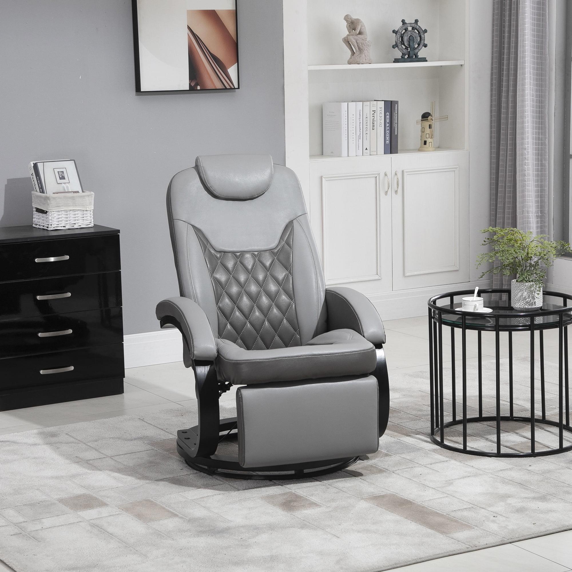 HOMCOM PU Recliner Reading Armchair with Footrest, Headrest and Round Steel/Wood Base for Living Room or Office, Gray