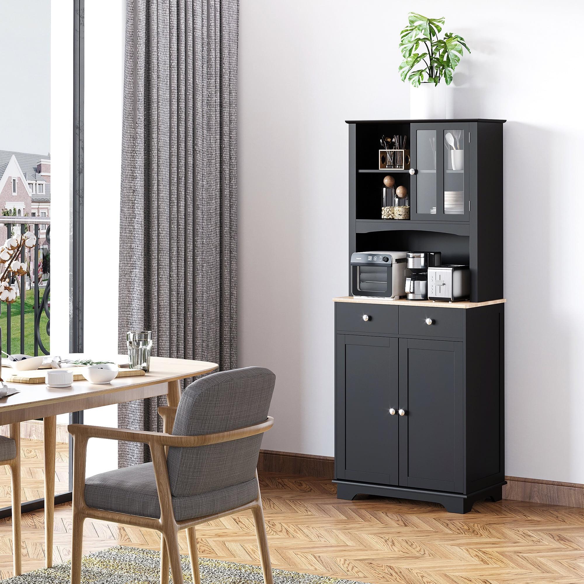 Black Rubberwood Freestanding Kitchen Buffet with Hutch and Drawers