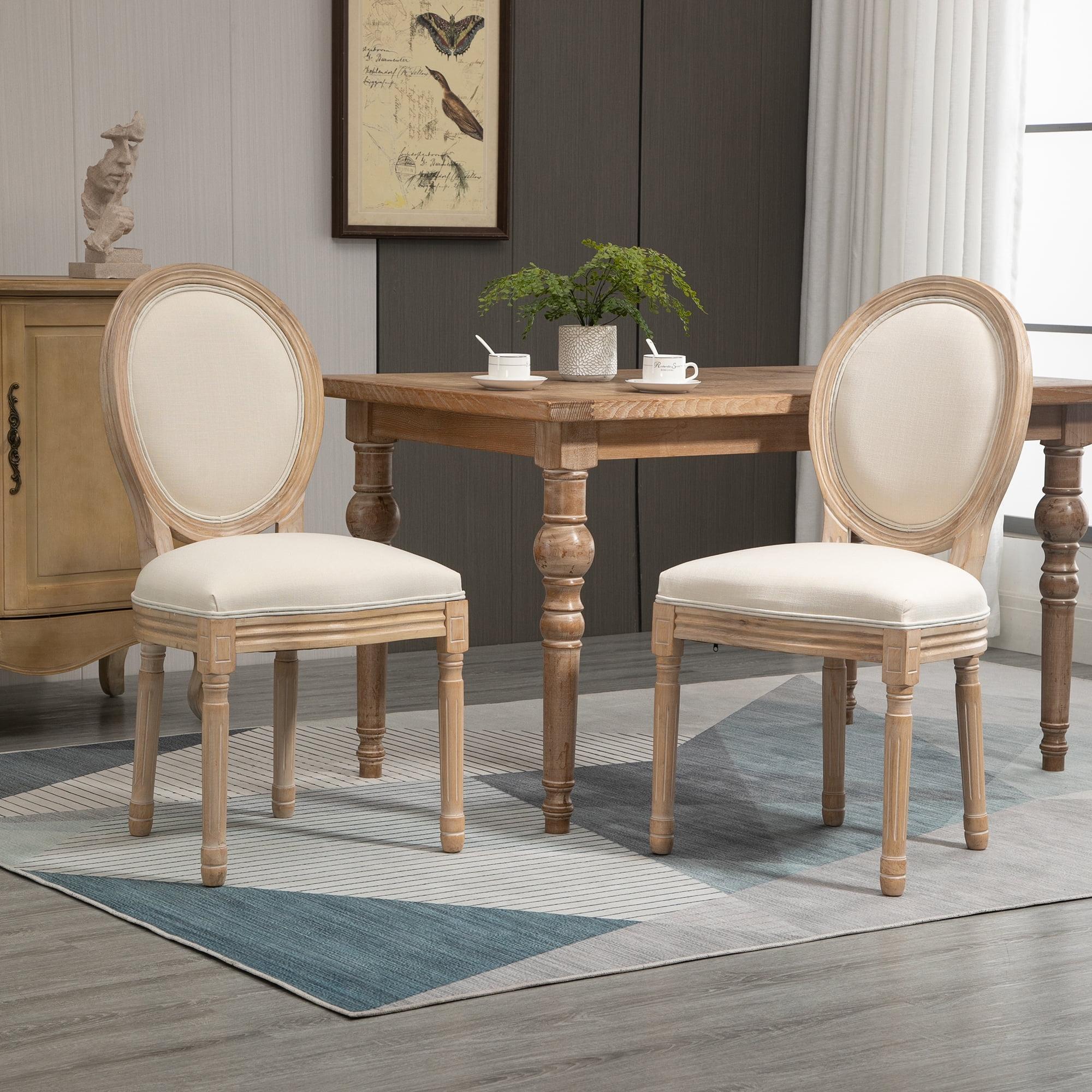 Beige Linen Upholstered French-Style Side Chairs, Set of 2