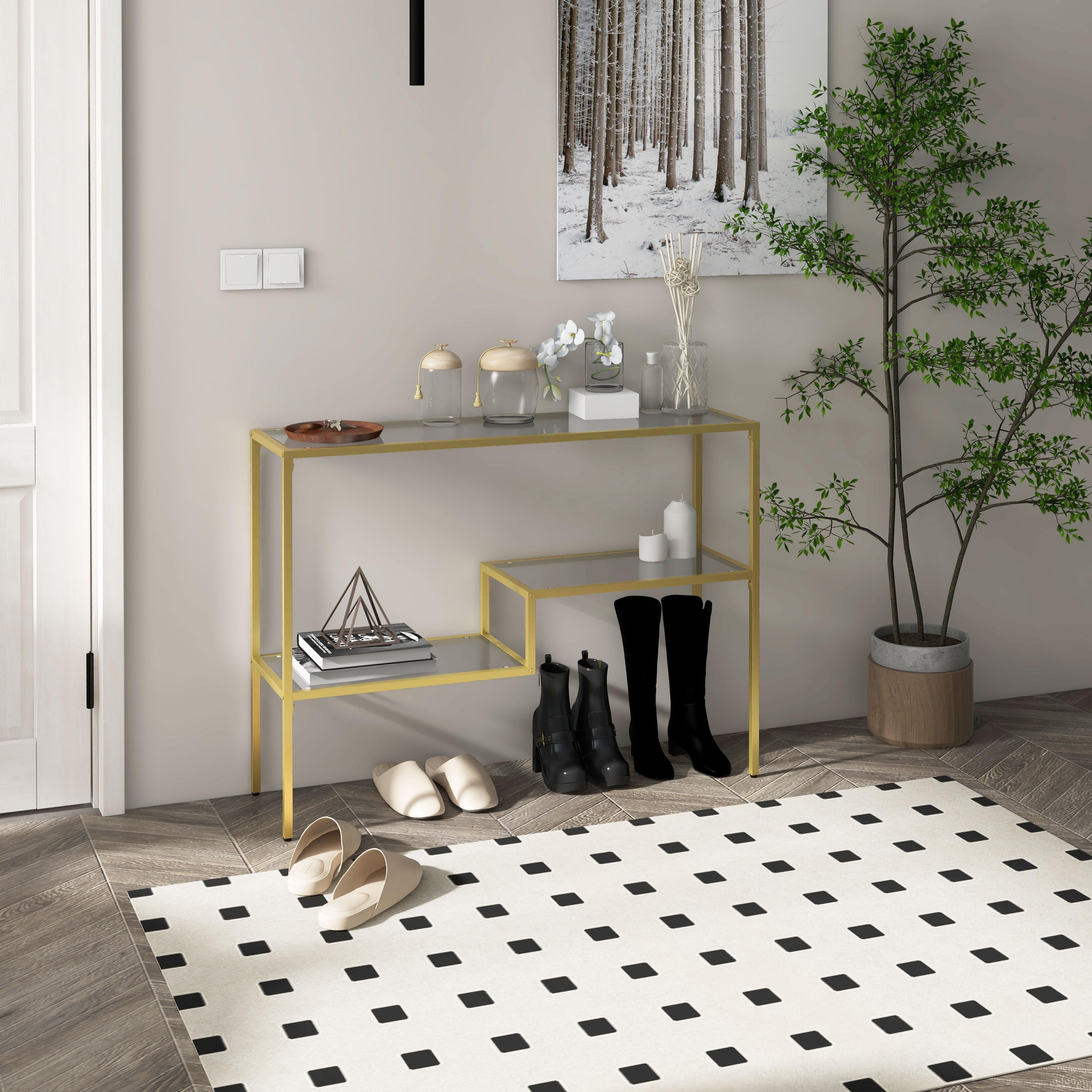 HOMCOM Gold Console Table, 39" Tempered Glass Behind Sofa Table, Narrow Entryway Table with Storage Shelves, Steel Frame Glass Table
