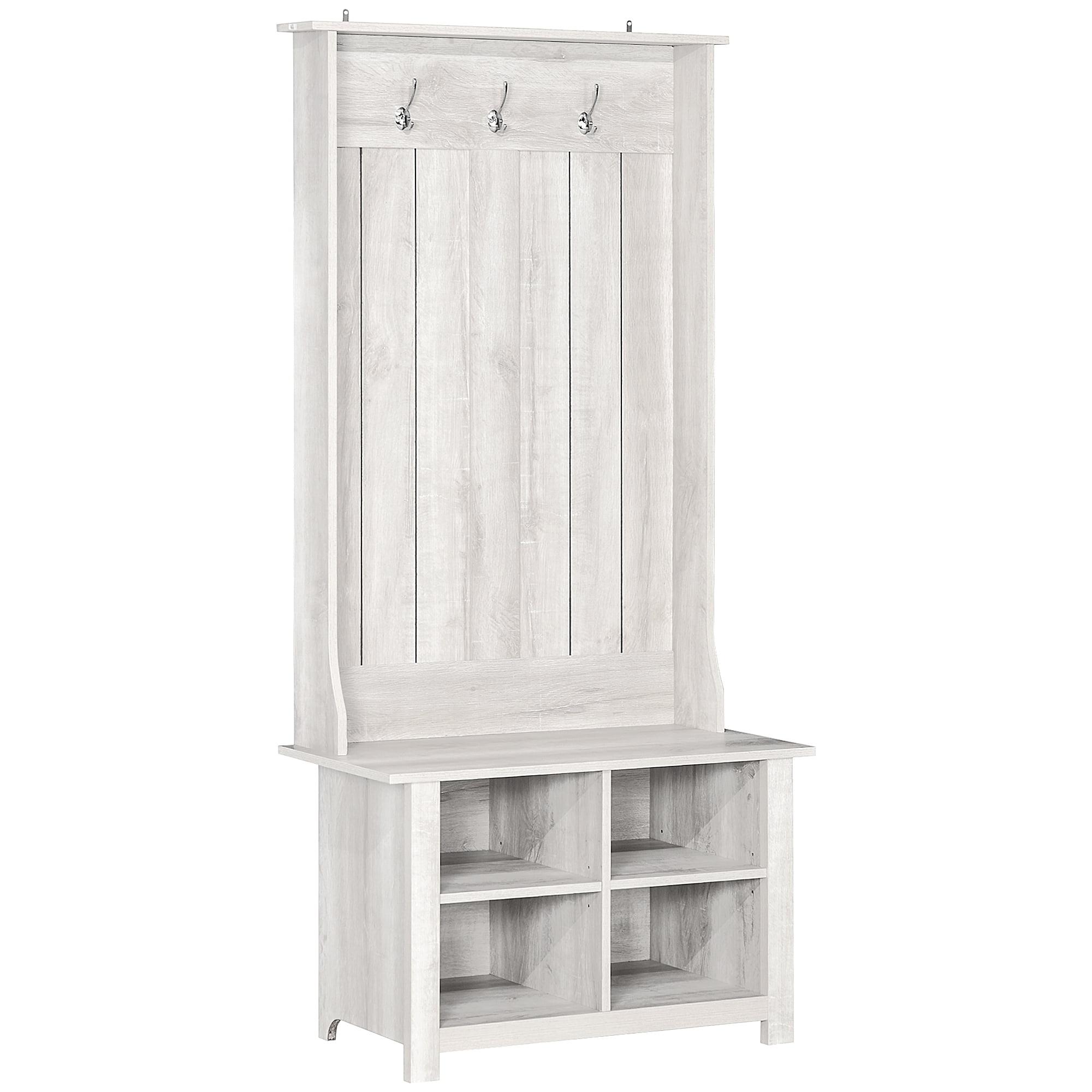 HOMCOM Hall Tree with Shoe Storage Bench, Entryway Bench with Coat Rack, Accent Coat Tree with Adjustable Shelves for Mud Room, Distressed White