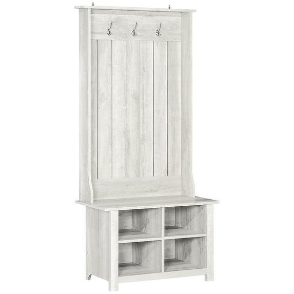 HOMCOM Hall Tree with Shoe Storage Bench, Entryway Bench with Coat Rack, Accent Coat Tree with Adjustable Shelves for Mud Room, Distressed White