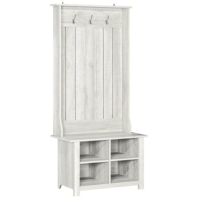 HOMCOM Hall Tree with Shoe Storage Bench, Entryway Bench with Coat Rack, Accent Coat Tree with Adjustable Shelves for Mud Room, Distressed White