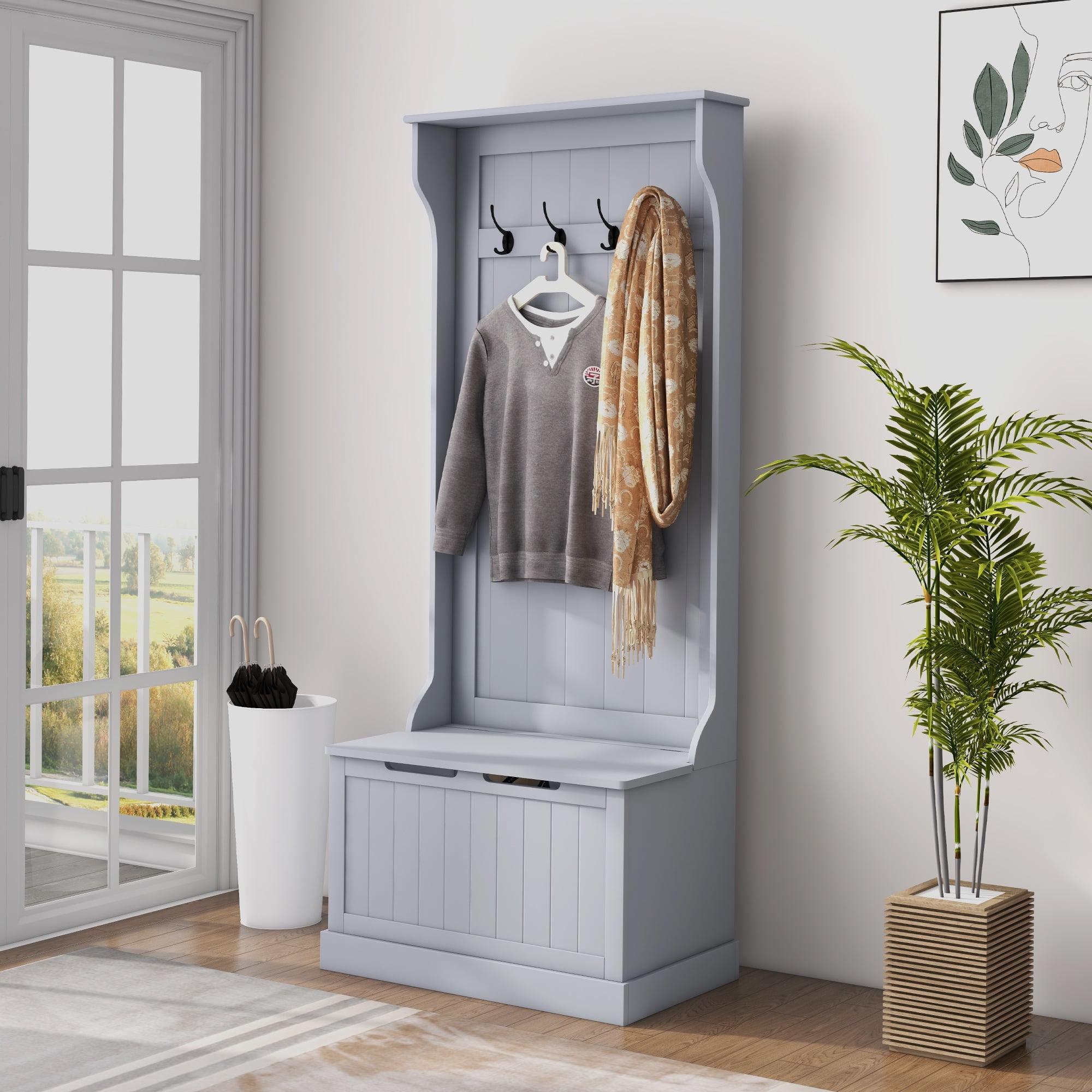 HOMCOM 3-In-1 Entryway Hall Tree with Storage Bench, Coat Rack with Four Hooks, and Shoe Storage, Gray