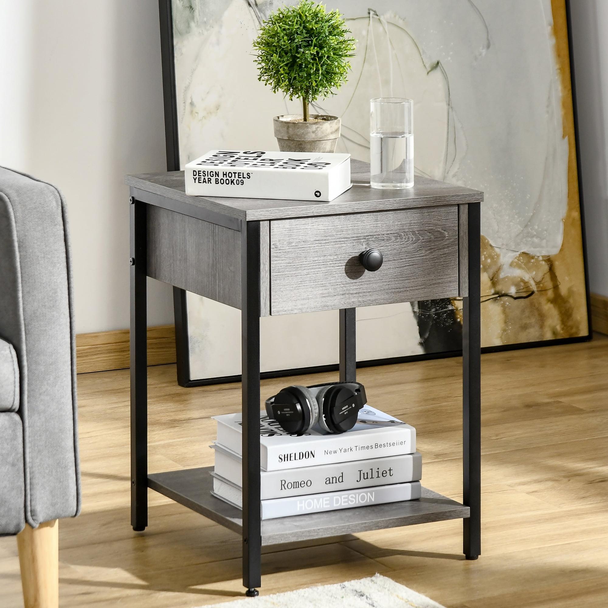 HOMCOM Industrial End Table with Storage Shelf, Accent Side Table with Drawer for Living Room, or Bedroom, Set of 2, Gray