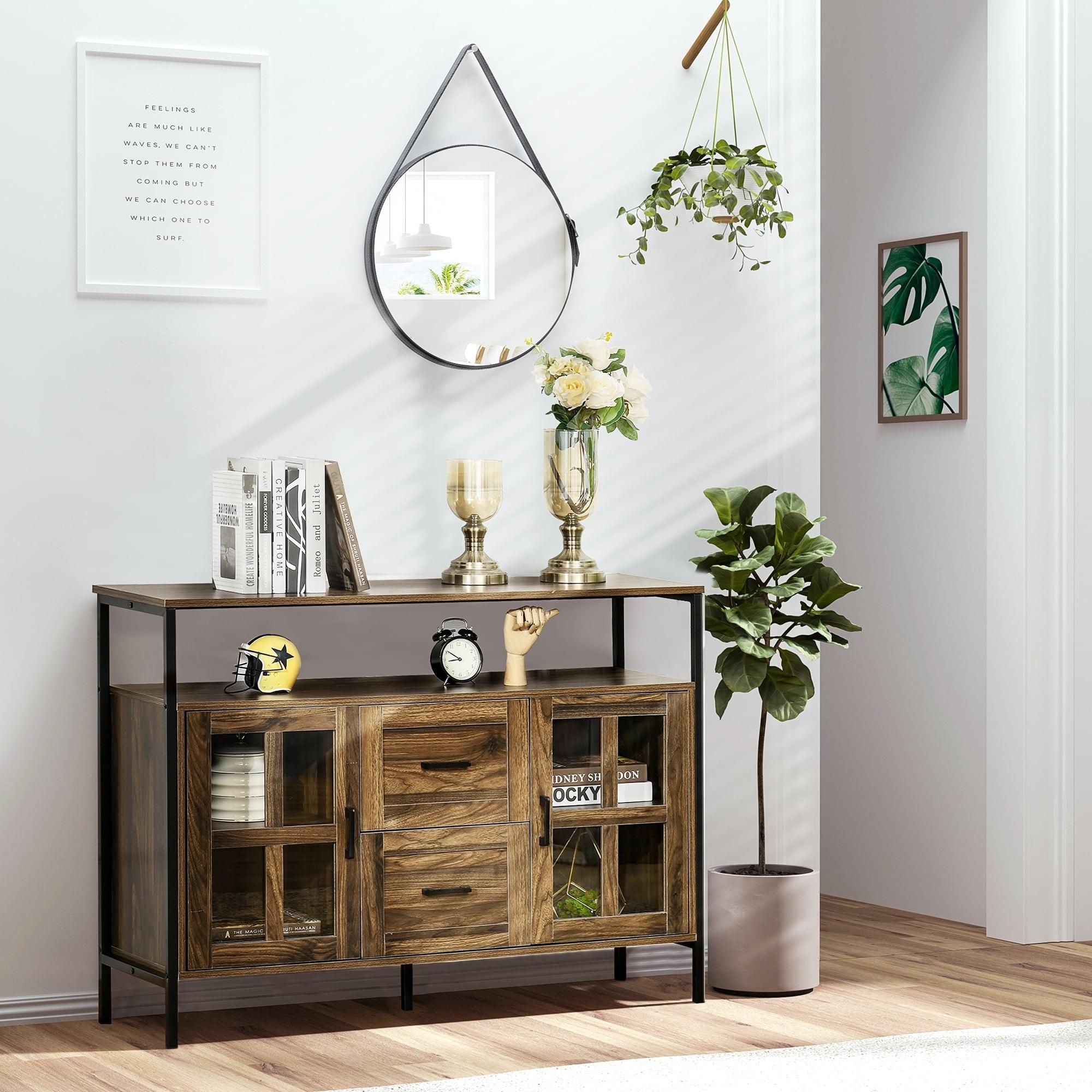 HOMCOM Rustic Kitchen Sideboard, Serving Buffet Storage Cabinet with Adjustable Shelves, Glass Doors, and 2 Drawers for Living Room