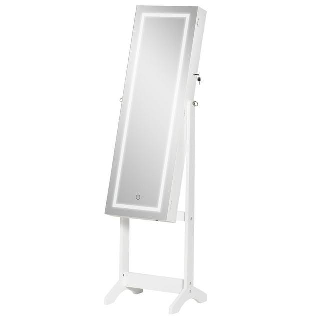 HOMCOM Jewelry Cabinet with LED Light, Lockable Organizer, Full-Length Mirror, 4 Angles, White