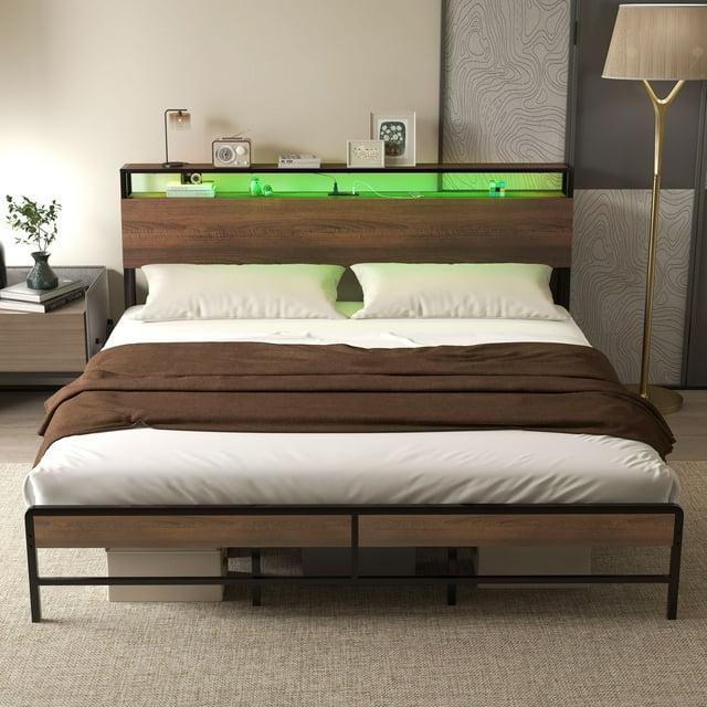 HOMCOM King Bed Frame with Headboard, King Size Bed Frame with Lights, Charging Station, Storage Shelf, Noise-Free & No Box Spring Needed, Walnut