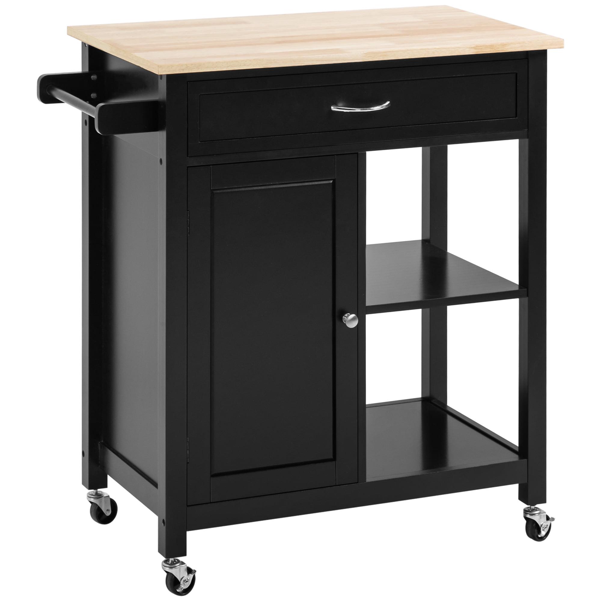 Elegant Black Solid Wood Butcher Block Kitchen Cart with Storage