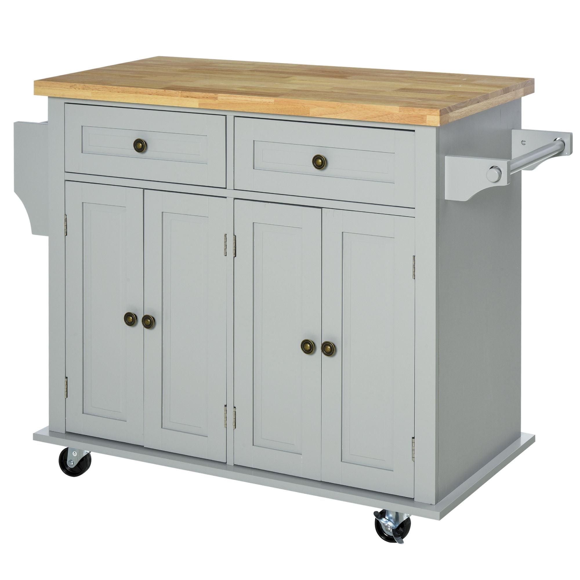 Gray Wood Kitchen Cart with Butcher Block Top and Spice Rack