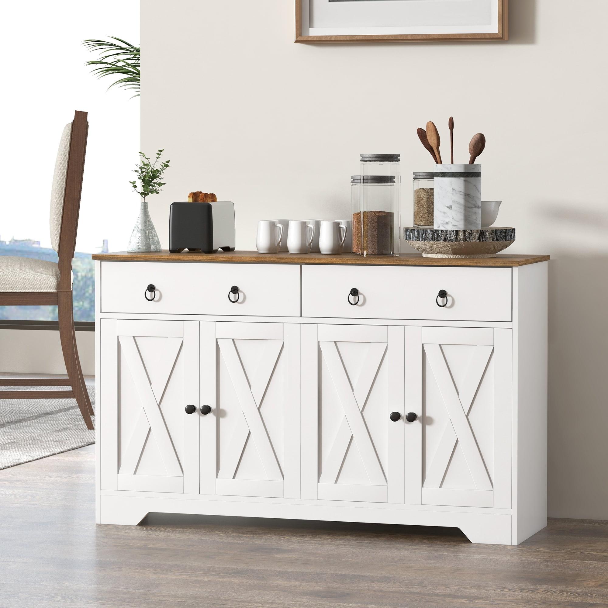 HOMCOM Sideboard Buffet Cabinet, Farmhouse Coffee Bar Cabinet with 2 Drawers, Barn Doors and Adjustable Shelves for Living Room, Dining Room, White