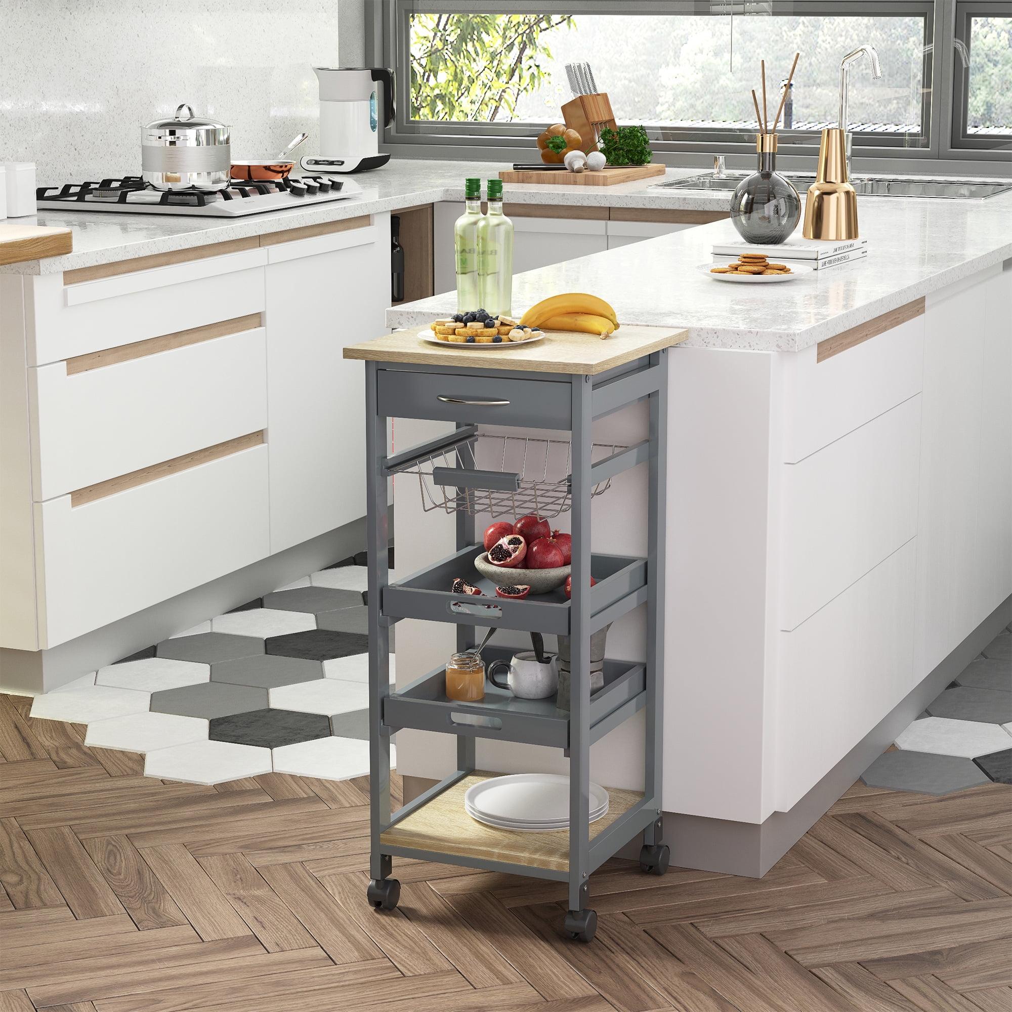 Gray Rolling Kitchen Cart with Storage and Spice Rack