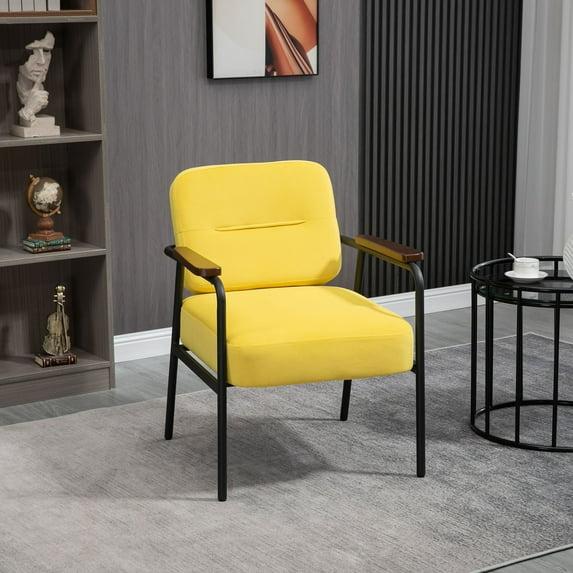 Everly Quinn Modern Accent Chair with Cushioned Seat and Back, Upholstered Velvet Armchair for Bedroom, Living Room Chair with Arms and Steel Legs, Yellow