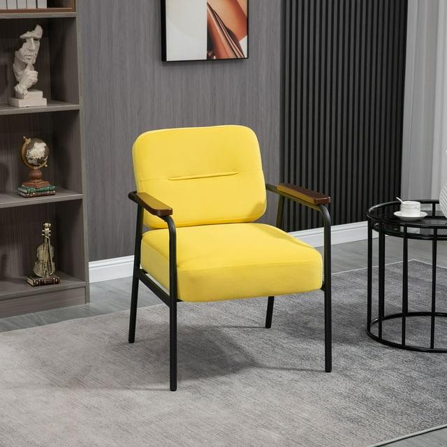 Everly Quinn Modern Accent Chair with Cushioned Seat and Back, Upholstered Velvet Armchair for Bedroom, Living Room Chair with Arms and Steel Legs, Yellow