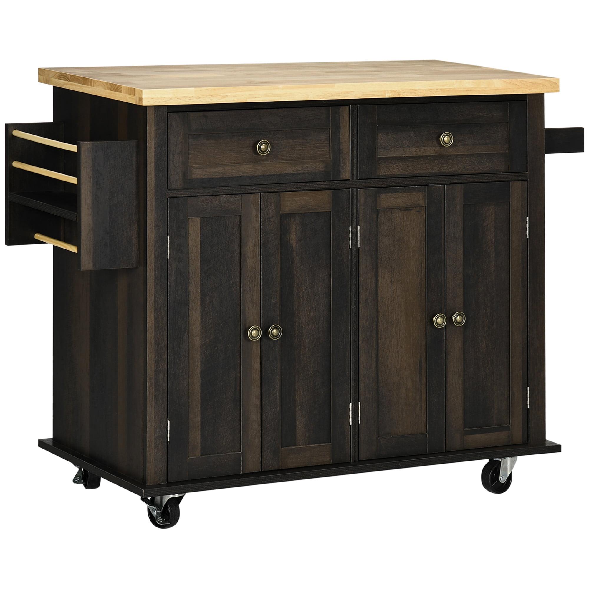 HOMCOM Kitchen Island on Wheels, Rolling Cart with Rubber Wood Top, Spice Rack, Towel Rack & Drawers for Dining Room, Brown Oak