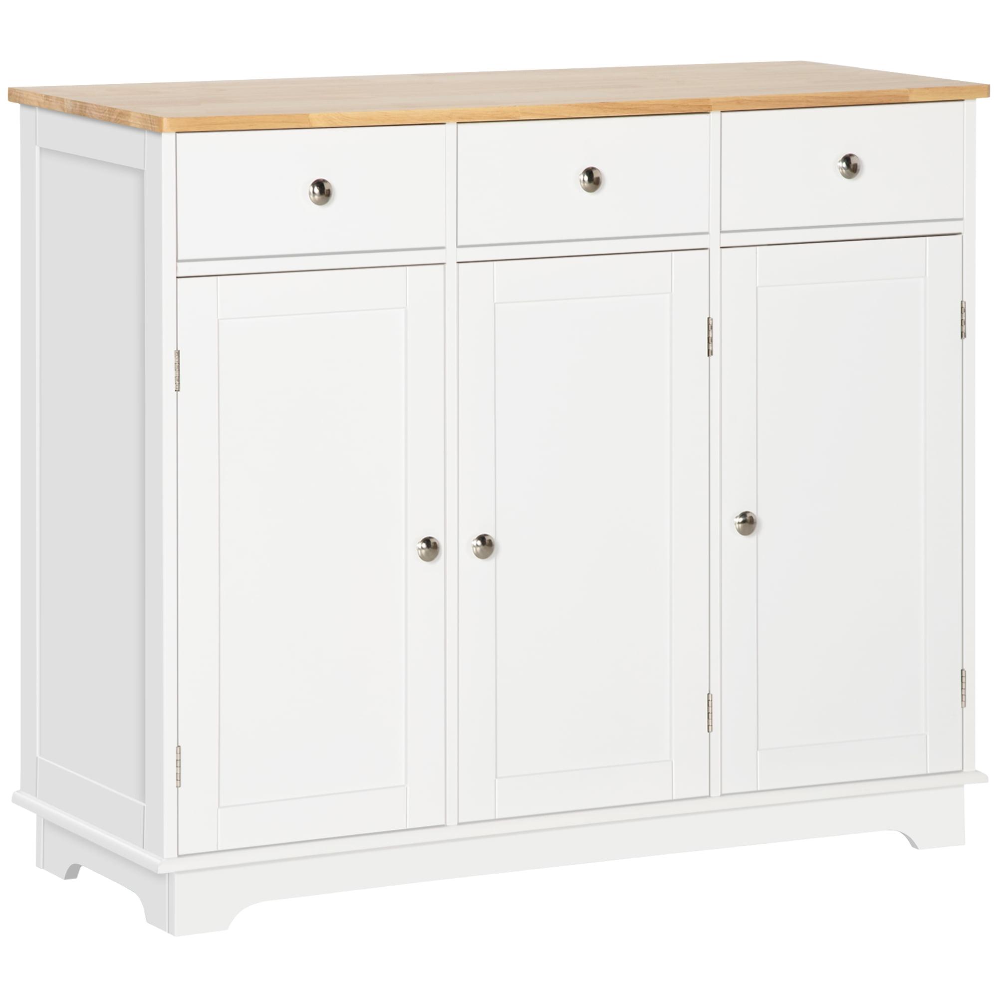 HOMCOM Kitchen Storage Cabinet, Sideboard Floor Cupboard with Solid Wood Top, Adjustable Shelf, and 2 Drawers for Living Room, White
