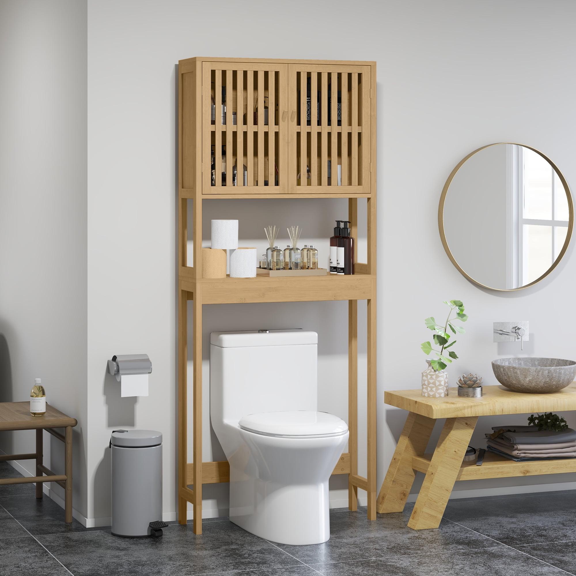 HOMCOM Bamboo Over the Toilet Storage Cabinet, Bathroom Space Saver Above Toilet with Double Slatted Doors, Adjustable Shelf and Open Shelf, Natural