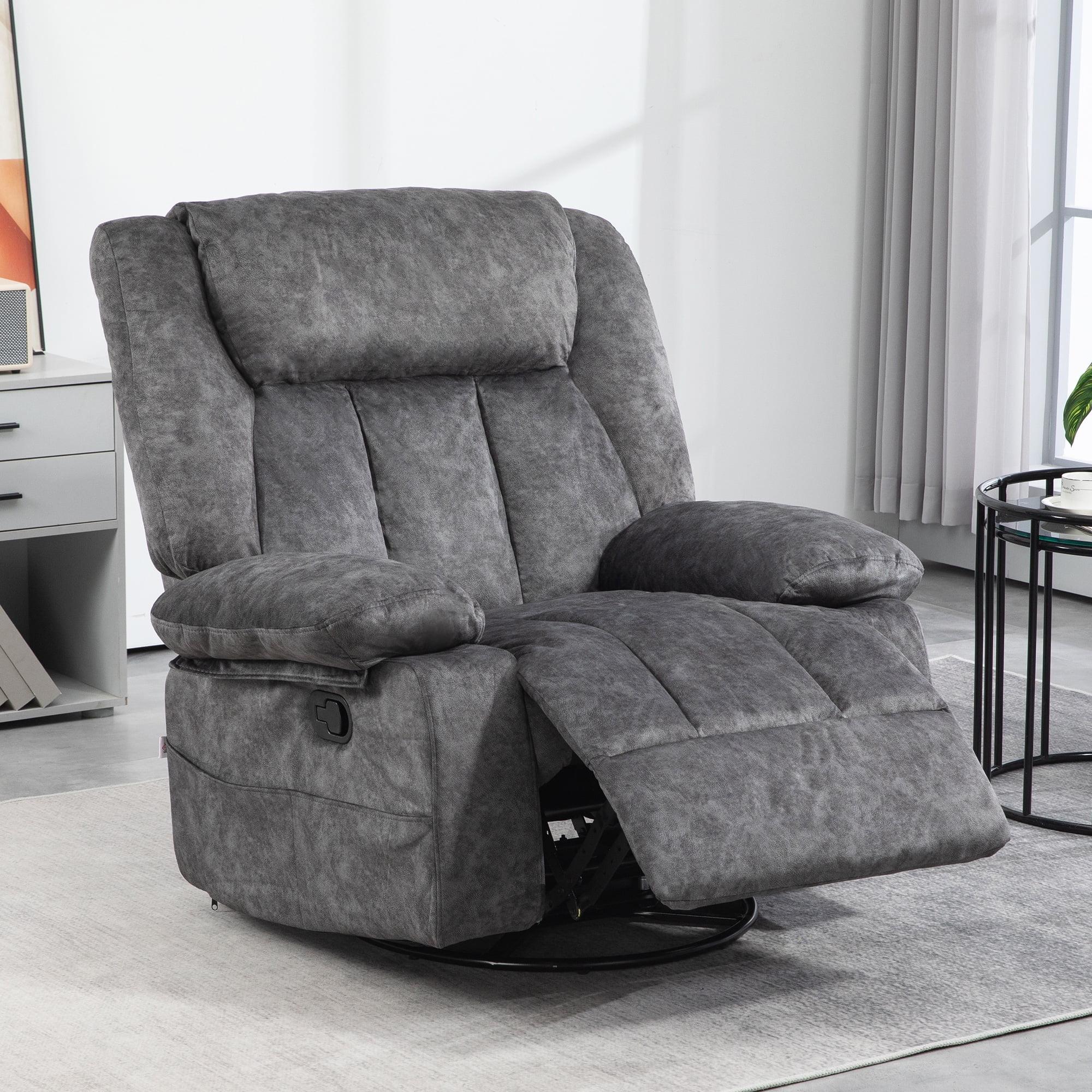 HOMCOM Swivel Rocker Chair, Fabric Upholstered Recliner Chair with Cushion, with Footrest, Side Pockets, Charcoal Gray