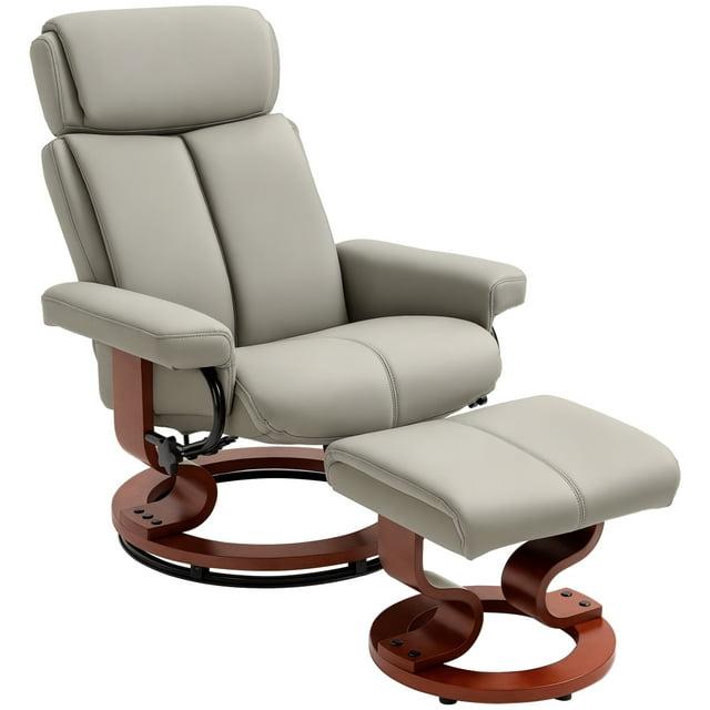 HOMCOM Recliner Chair with Ottoman, 360° Swivel Reclining Chair with Wood Base and Matching Footrest, Gray
