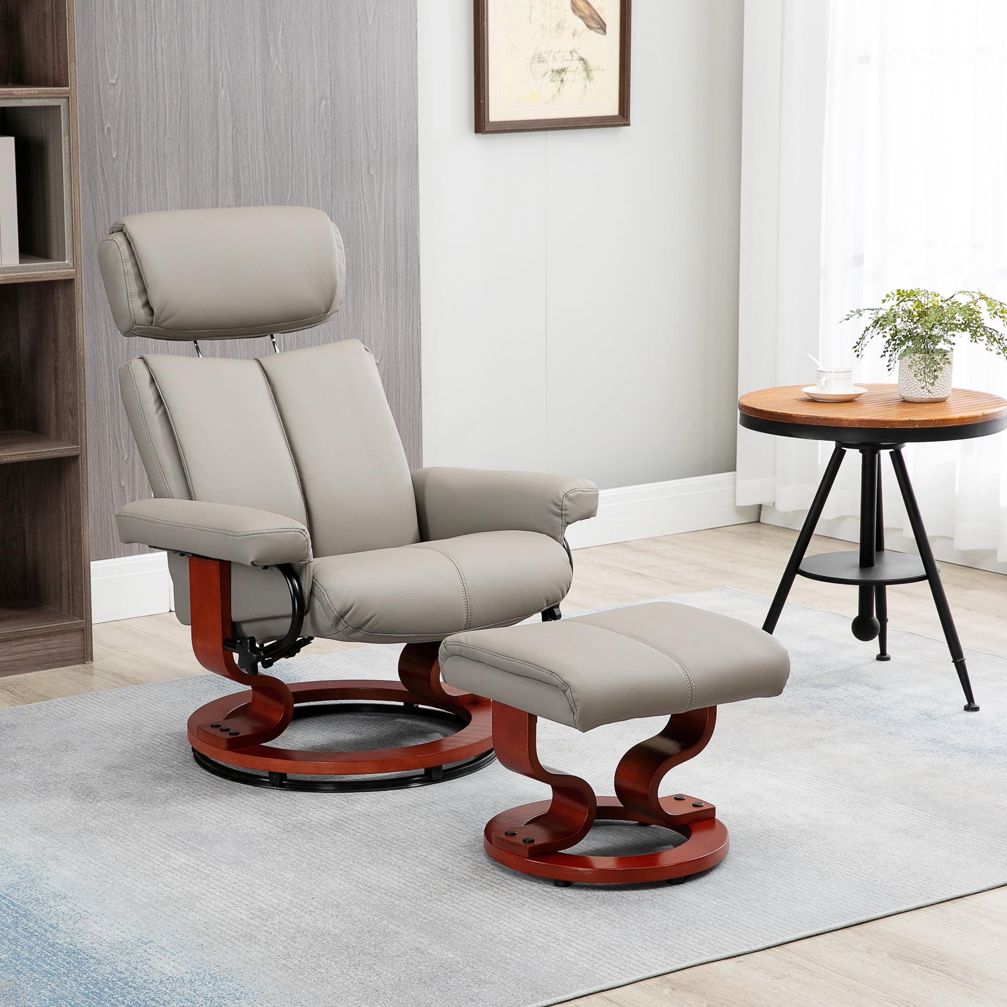 HOMCOM Recliner Chair with Ottoman, 360° Swivel Reclining Chair with Wood Base and Matching Footrest, Gray