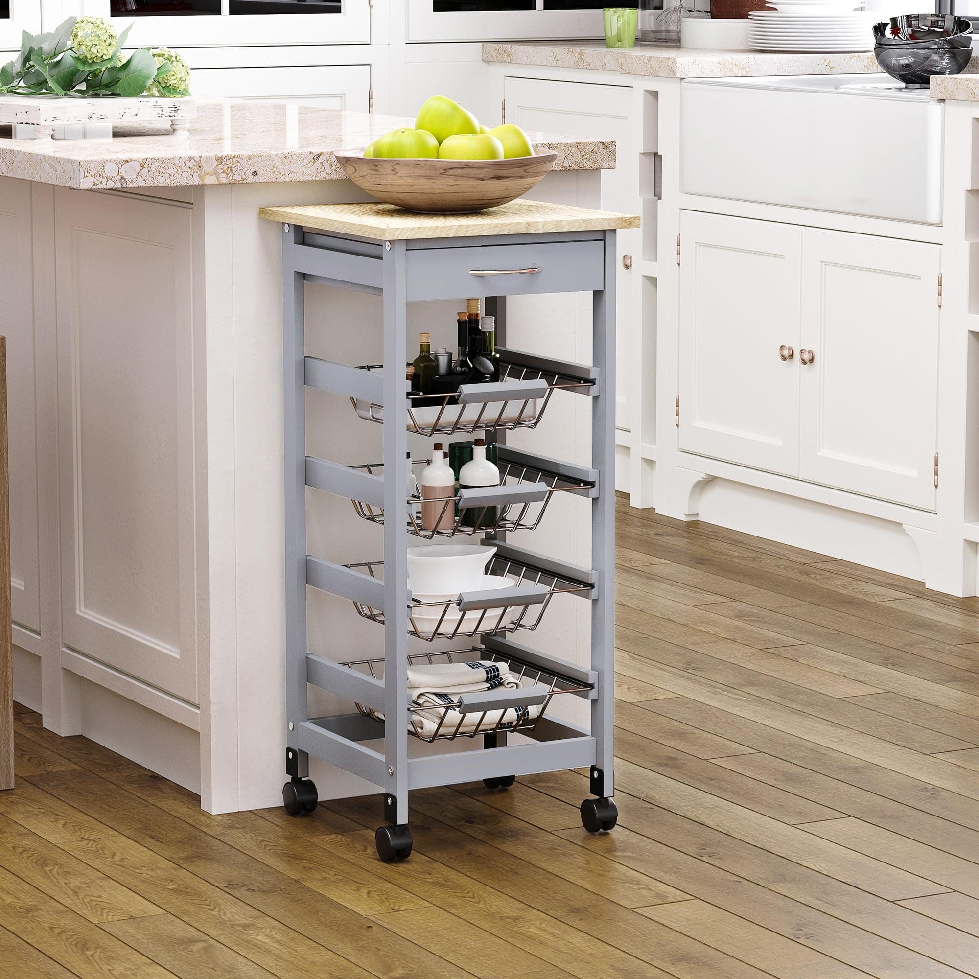 HOMCOM 32.25" Wooden Rolling Kitchen Storage Cart, Trolley Cart on 360° Swivel Wheels with Storage Drawer, Gray