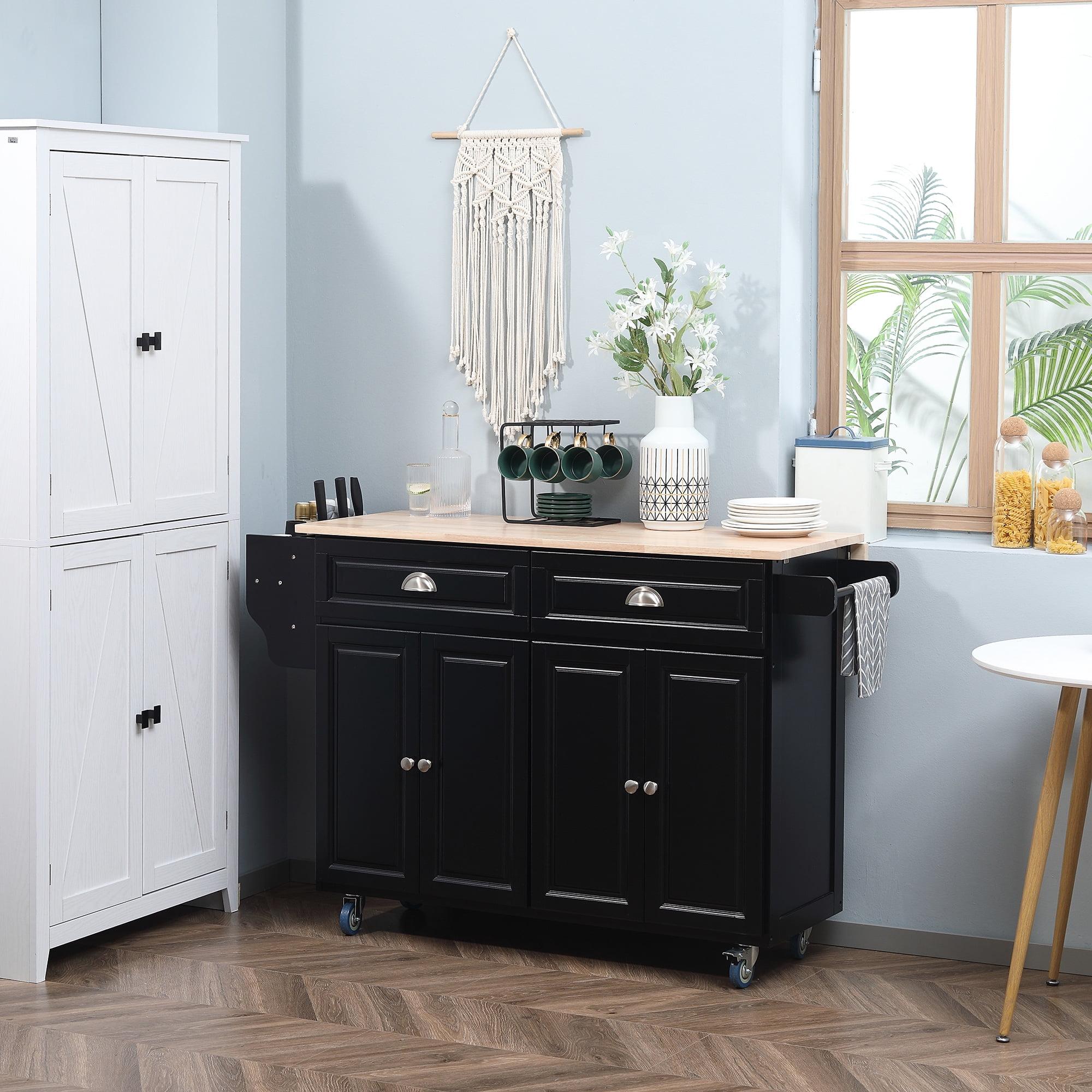 HOMCOM Rolling Kitchen Island Drop Leaf, Kitchen Cart on Wheels, Solid Wood Top Breakfast Nook with Storage Drawers, Cabinets and Spice Rack, Black
