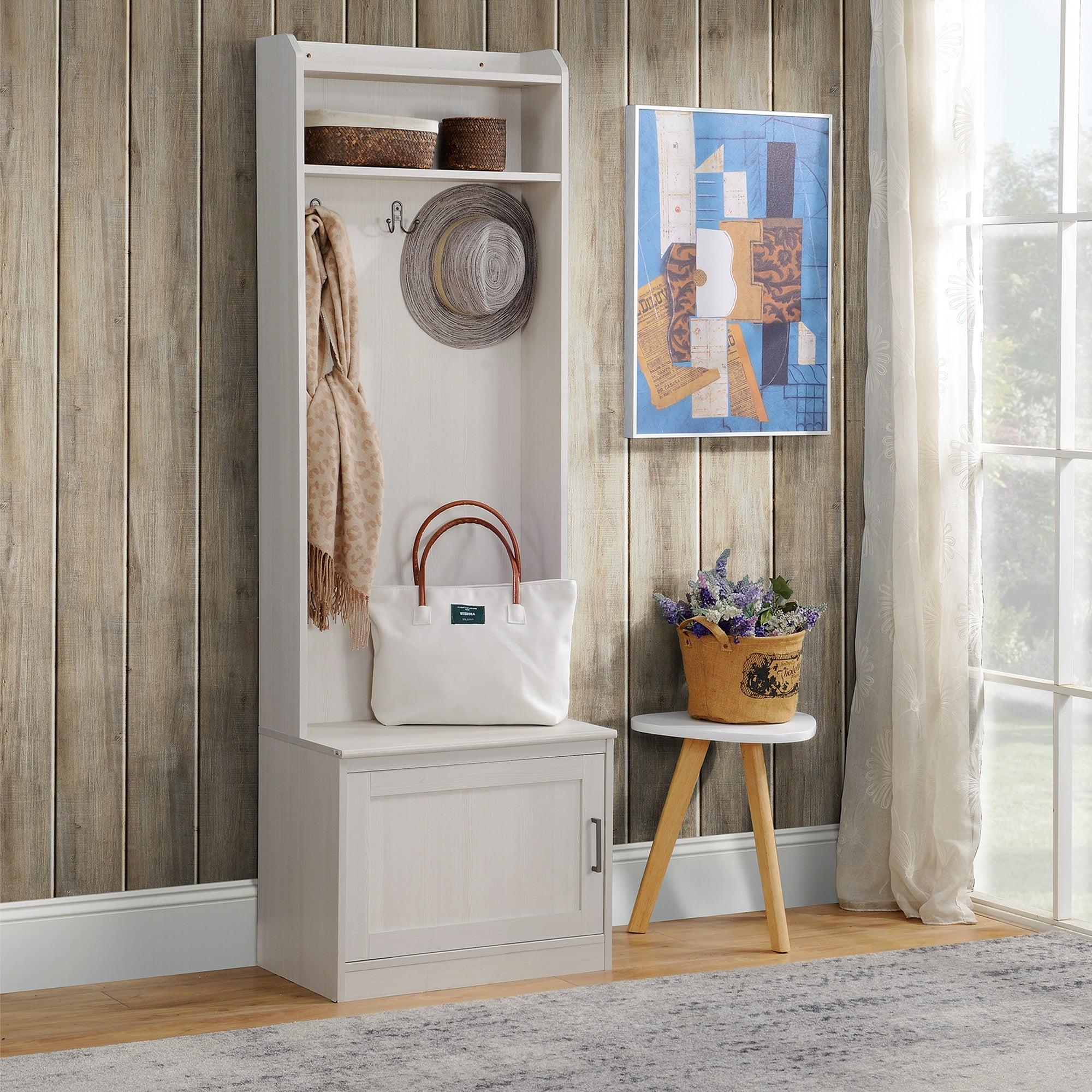 HOMCOM Rustic Hall Tree with Shoe Storage Bench, Entryway Bench with Coat Rack, Accent Coat Tree with Storage Shelves for Hallway, Mudroom, White