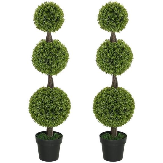 HOMCOM Set of 2 Artificial Plants Home Decor Indoor & Outdoor Plants Fake Boxwood Topiary Trees in Pots, Faux Trees, 43.25"