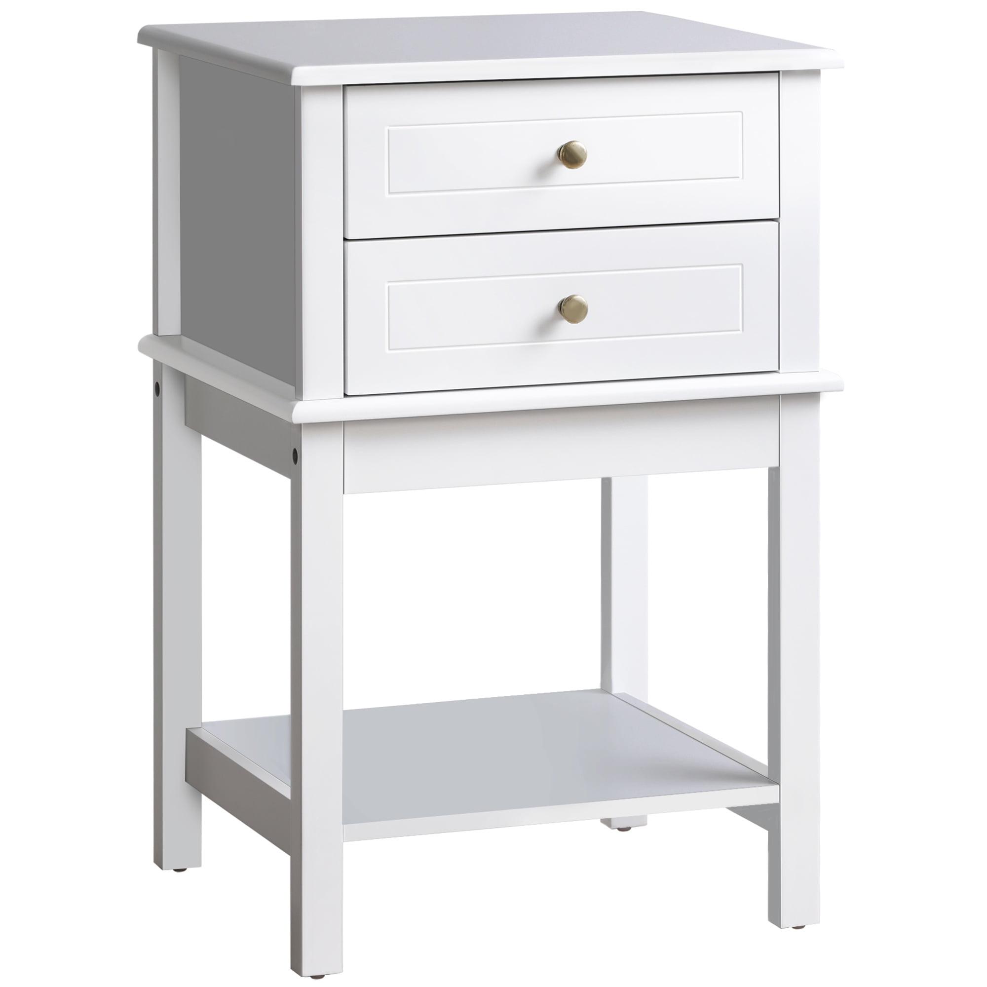 Modern White Wood Side Table with Storage Drawers and Shelf