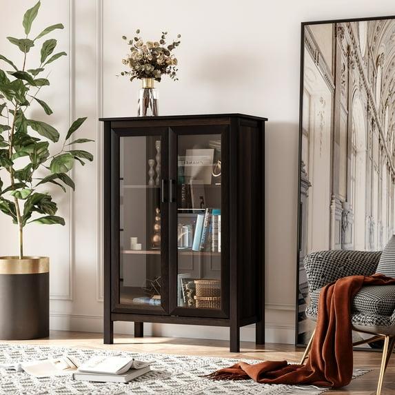 HOMCOM Sideboard Buffet Cabinet, Kitchen Storage Cabinet, Accent Cabinet with Double Glass Doors and Adjustable Shelves, Brown