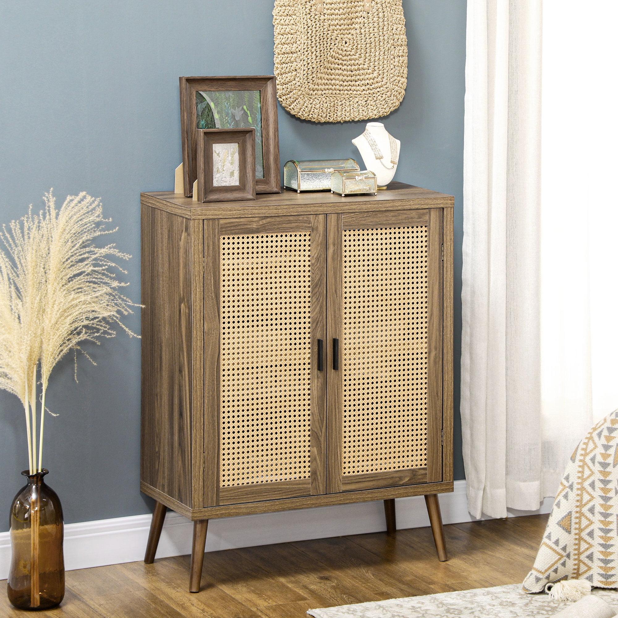 Versatile Brown Sideboard Buffet Cabinet with Rattan Doors