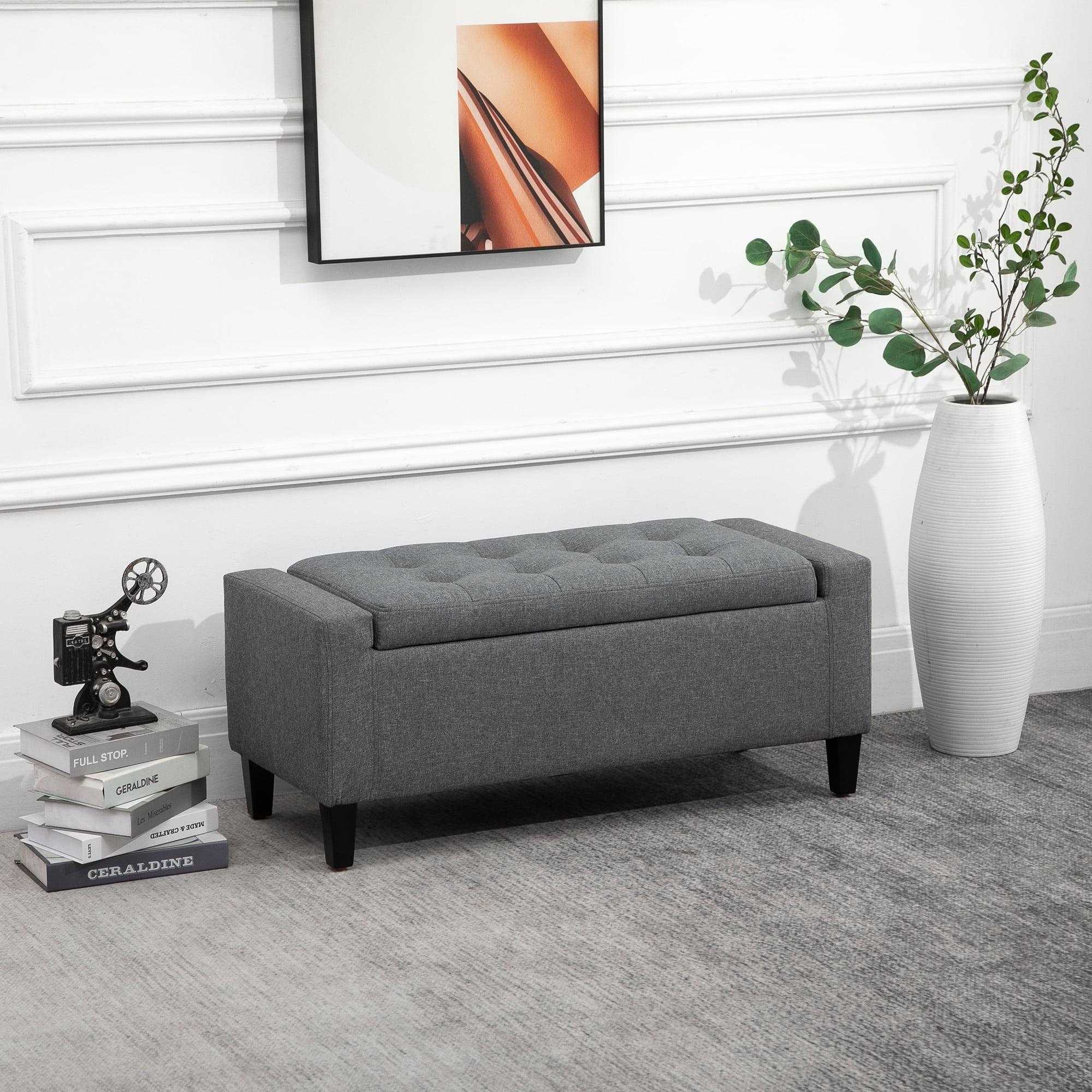 Gray Linen Upholstered Storage Bench with Lift Top