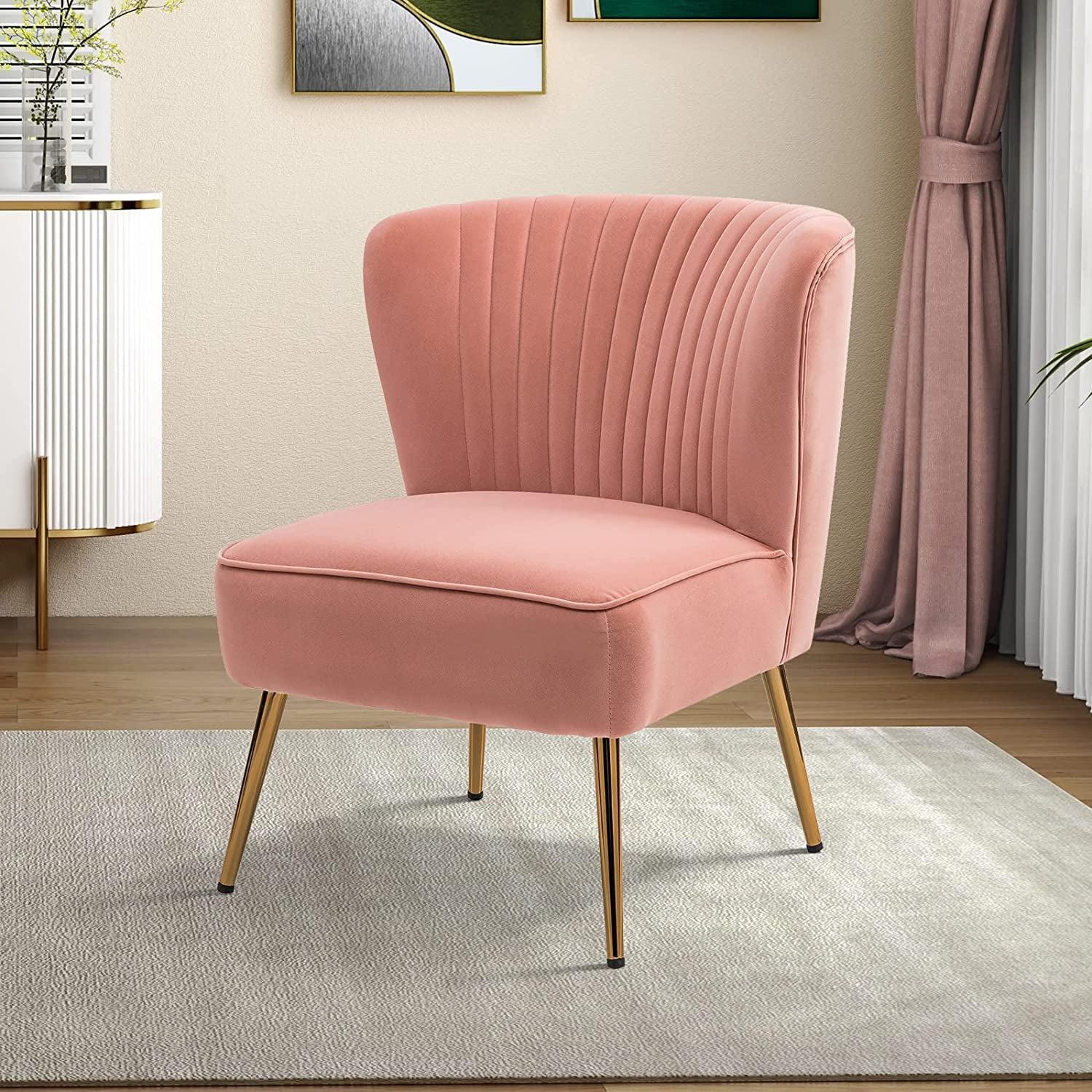 Velvet Upholstered Wingback Accent Slipper Chair Side Armless Sofa Tufted Back Golden Legs Dining Home Living Room Bedroom Adult Pink