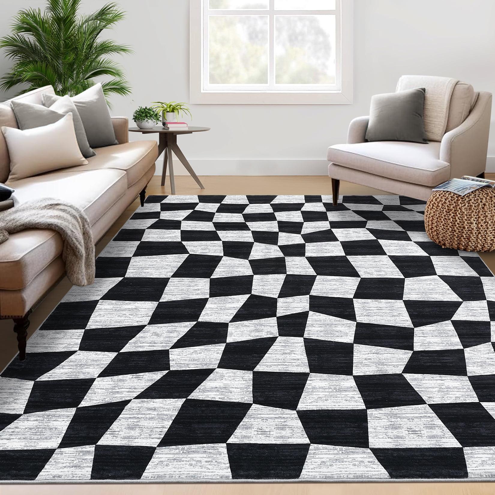 Black and White Geometric Checkered 5' x 7' Washable Rug