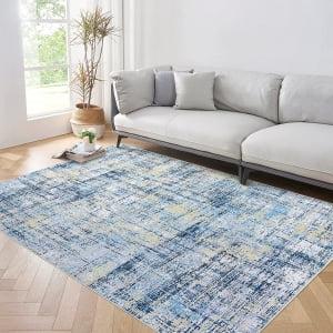 Tzou Washable Area Rug 9x12 Large Modern Abstract Living Room Accent Carpet for Playroom Nursery Room, Non-Slip, Low-Pile, Super Soft(Ink Blue)