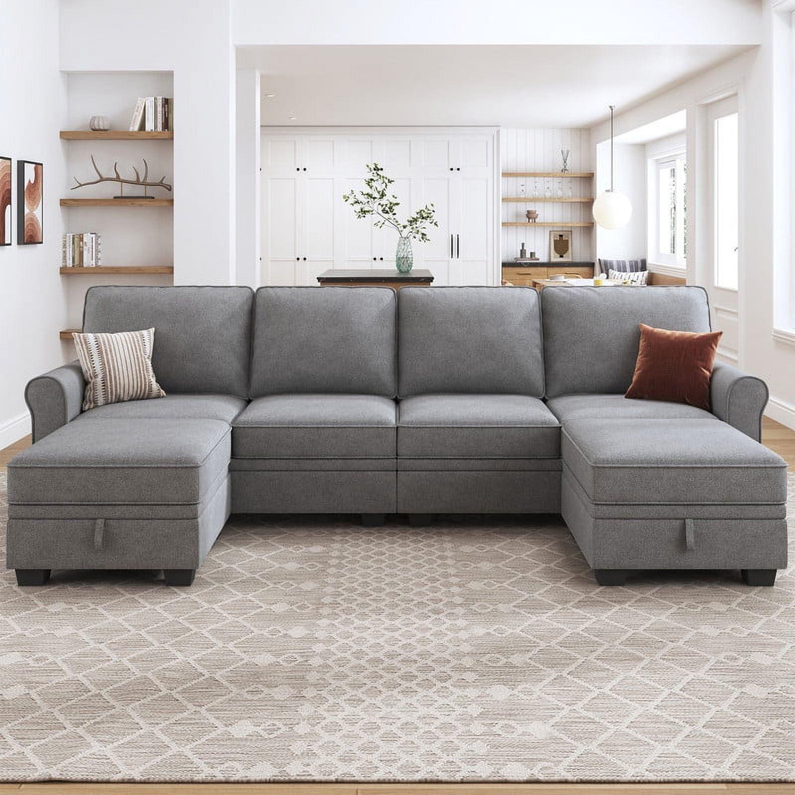 Light Grey Fabric Six-Piece Sectional with Storage and Ottoman