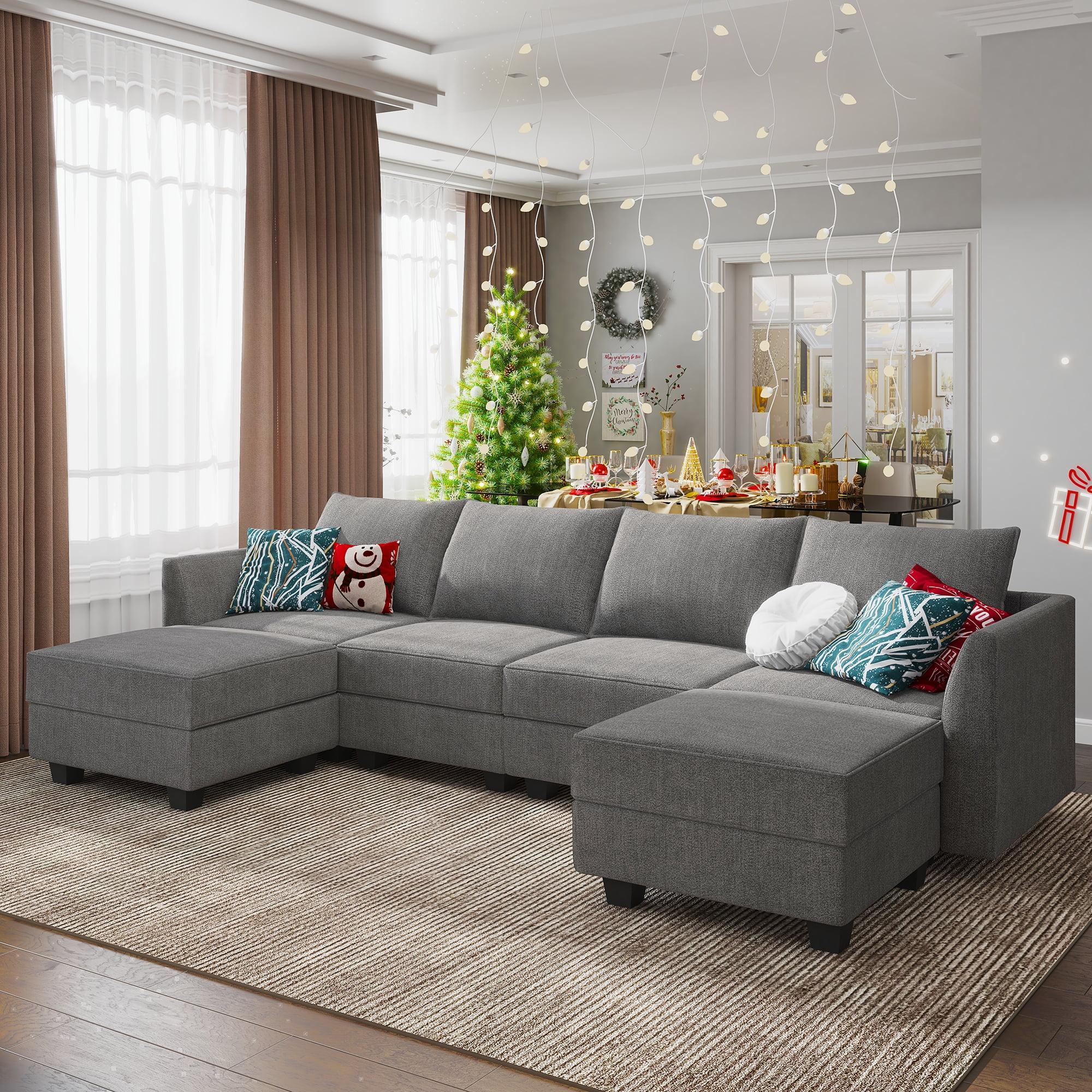 Gray Velvet Modular Sectional Sofa with Storage and Ottoman