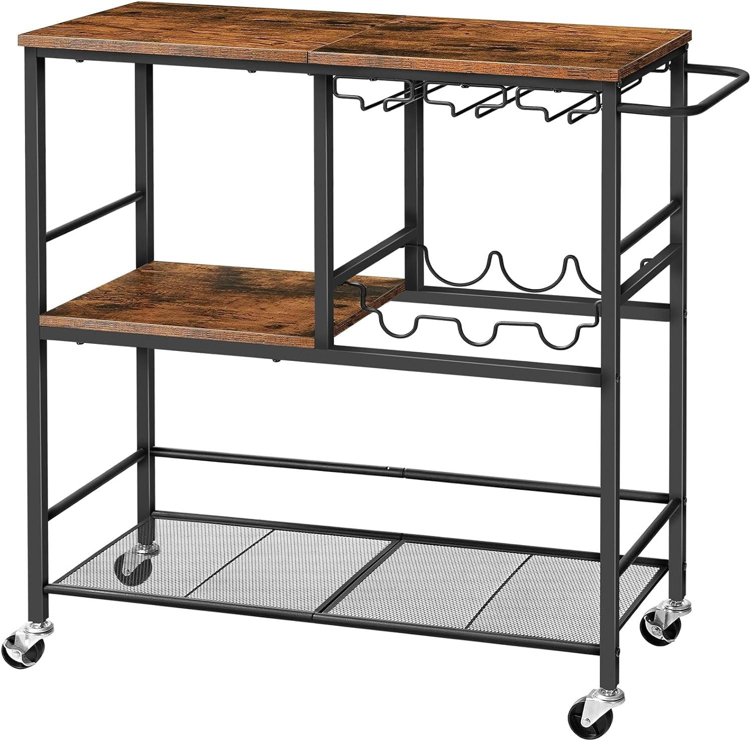 Rustic Brown and Black 3-Tier Bar Cart with Wine Rack