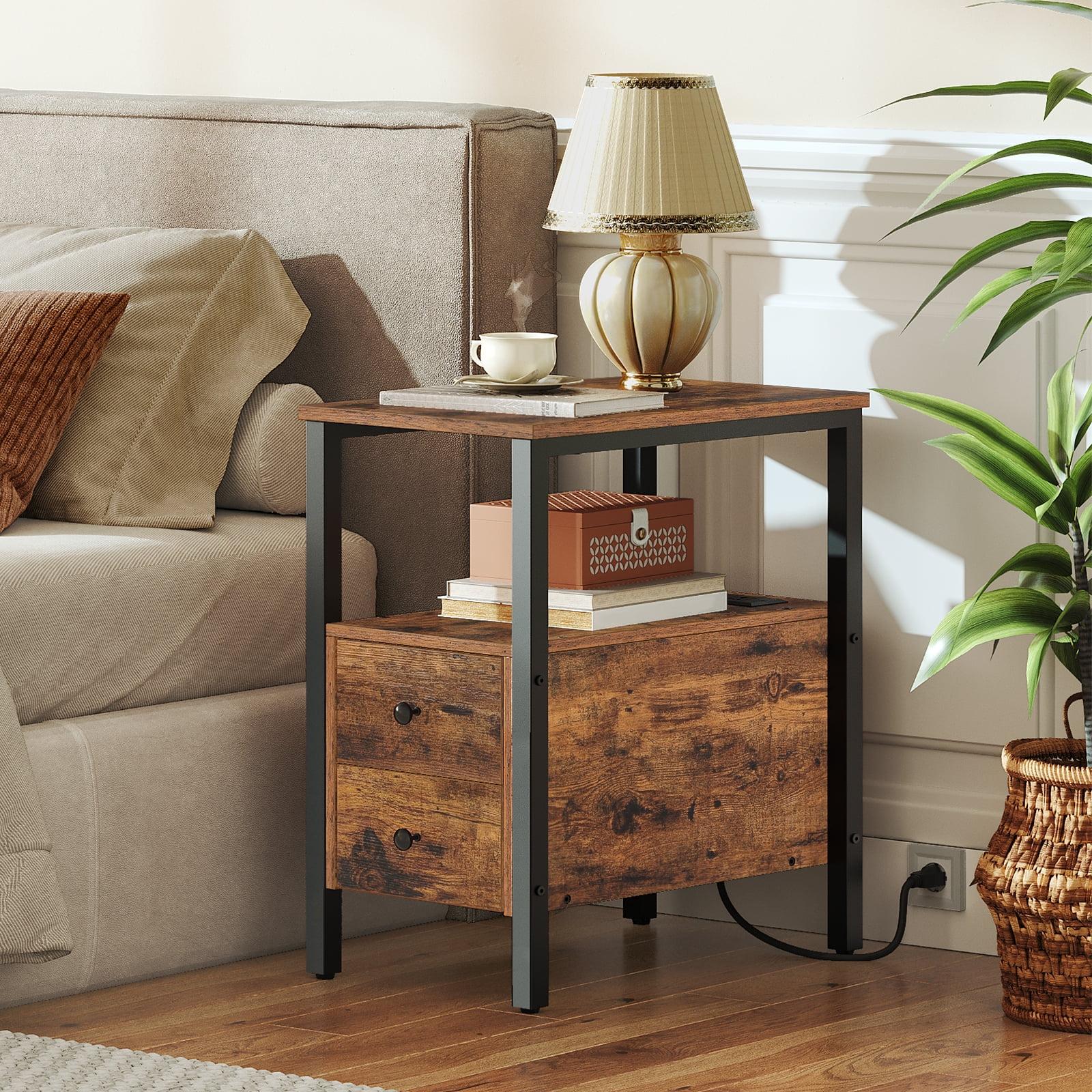 Rustic Brown and Black Metal End Table with Storage