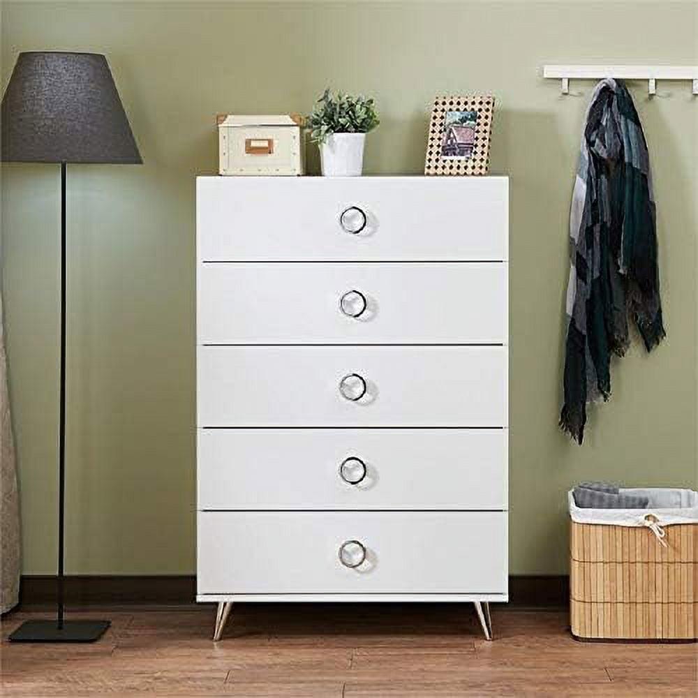 Contemporary White 5-Drawer Chest with Silver Tapered Legs