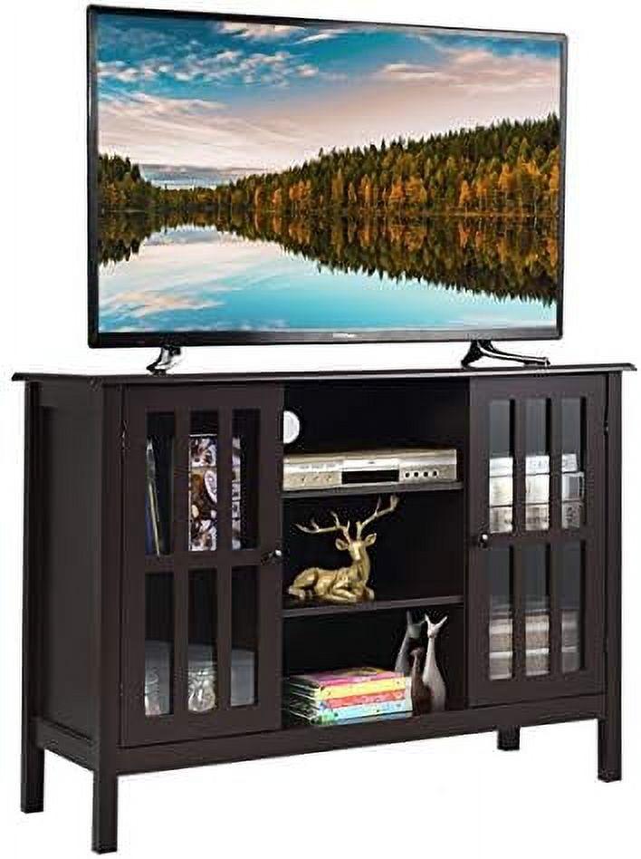 Elegant Tall Brown TV Console with Cabinet Storage and Shelves