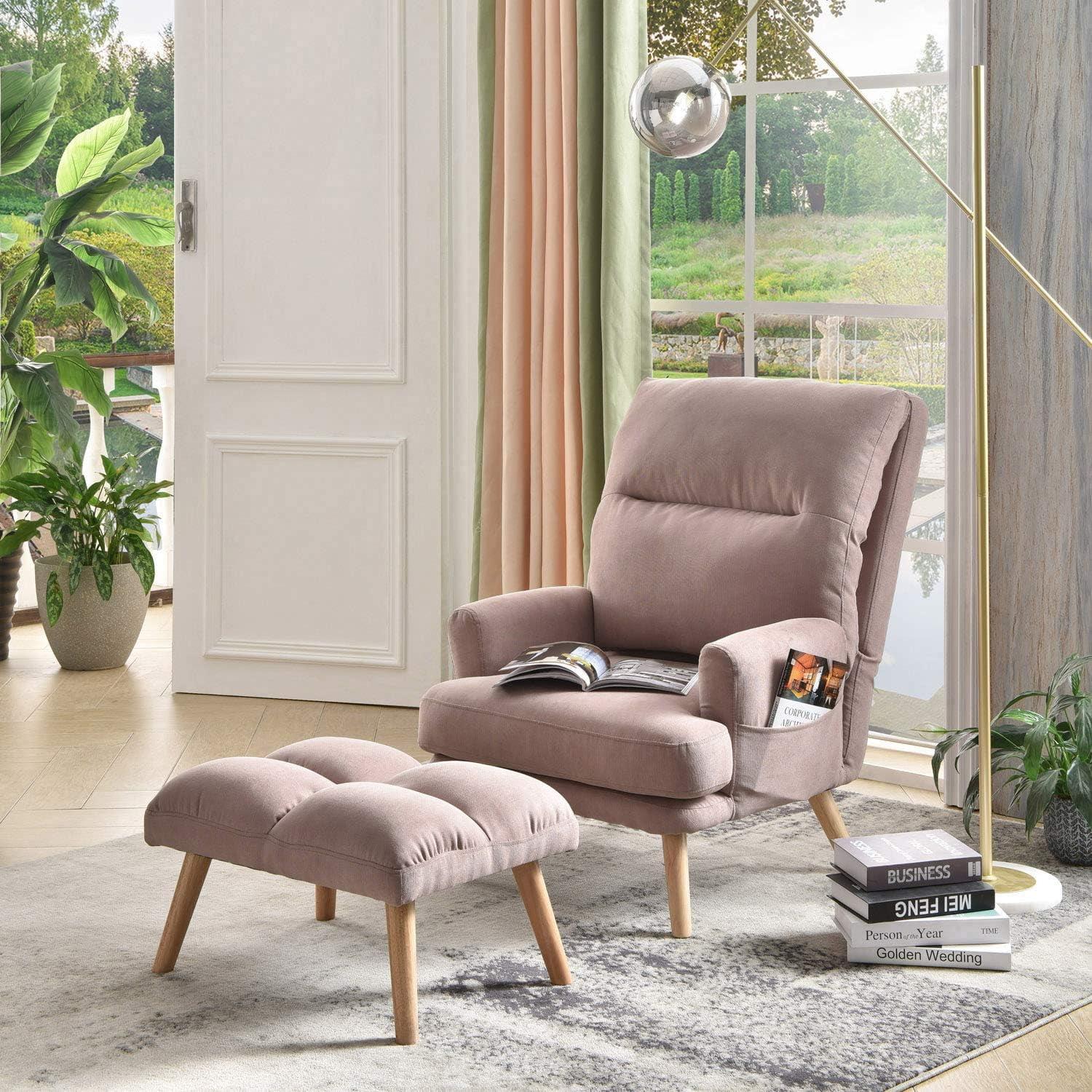 Dusty Pink Linen Recliner with Natural Wood Legs and Ottoman