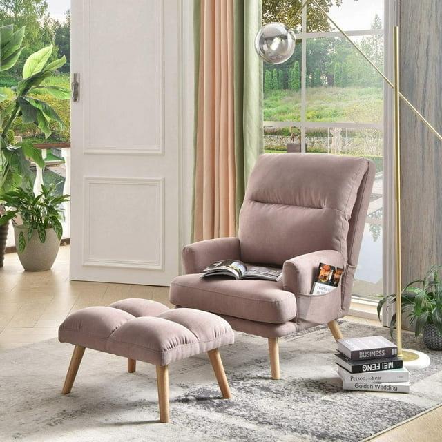 Dusty Pink Linen Recliner with Natural Wood Legs and Ottoman