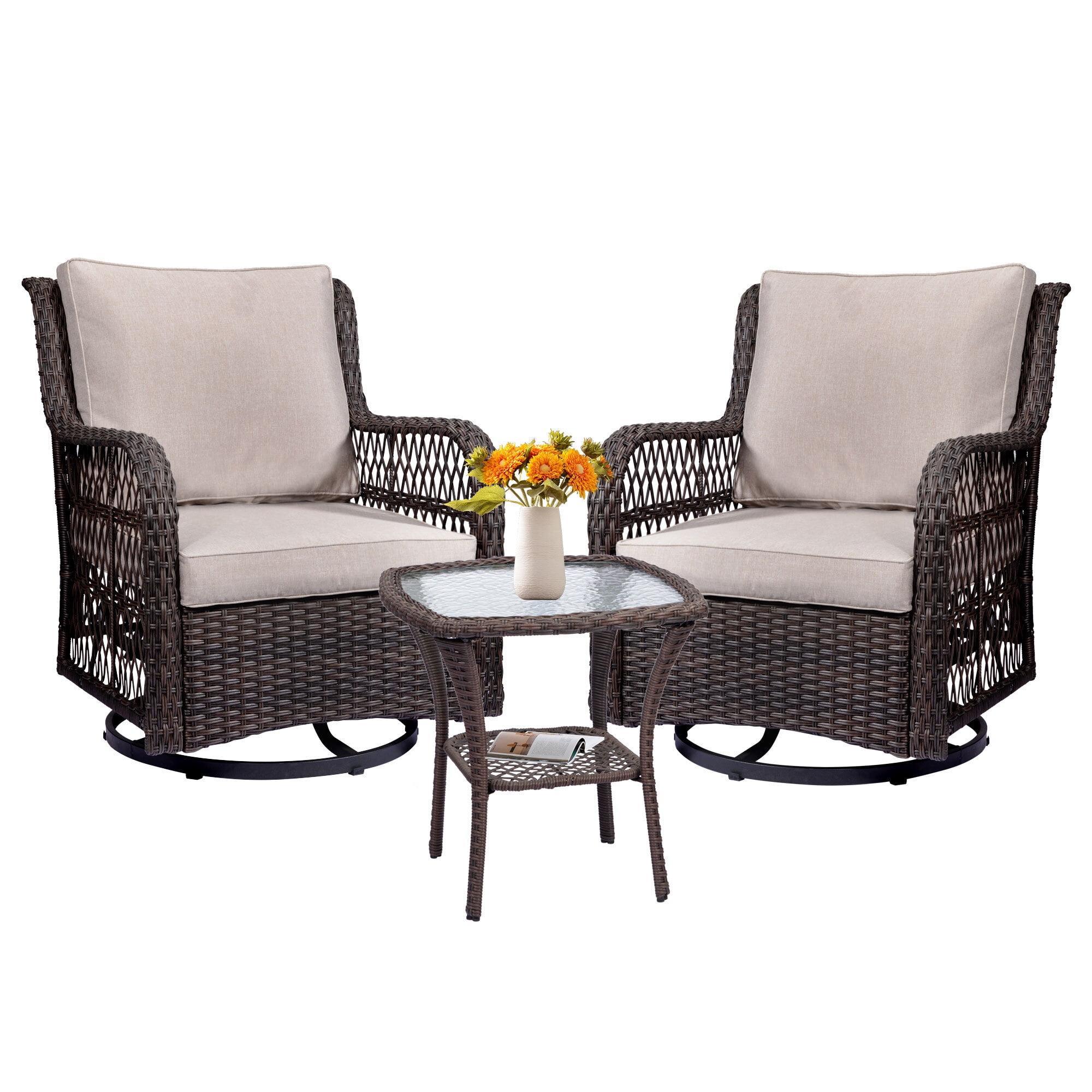 Beige Wicker Patio Bistro Set with Cushions and Glass Top Table