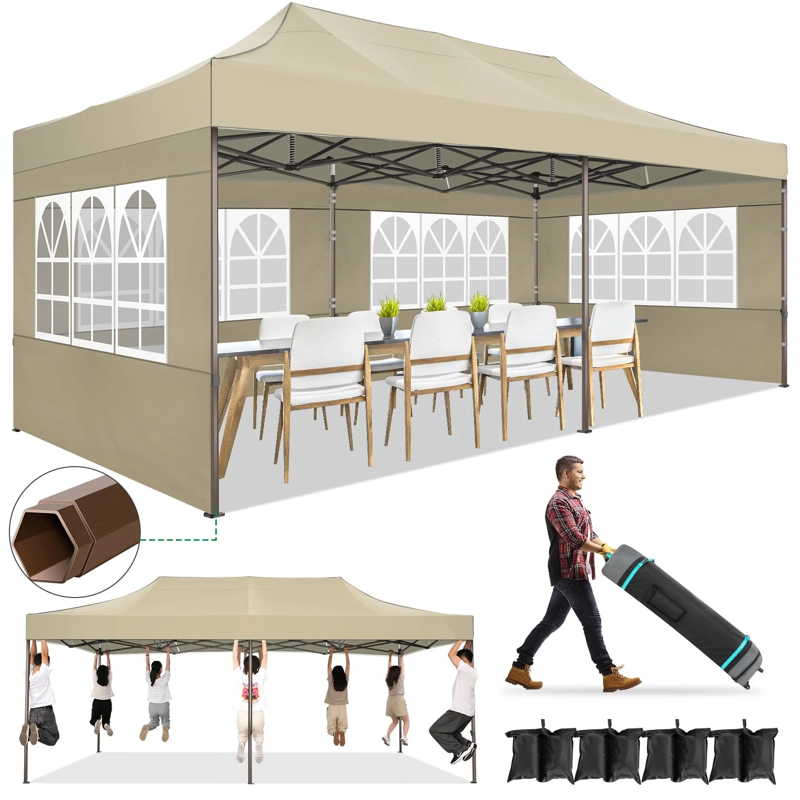 HOTEEL 10'Wx20'D Heavy Duty Pop up Canopy Tent with 6 sidewalls Easy Up Commercial Outdoor
