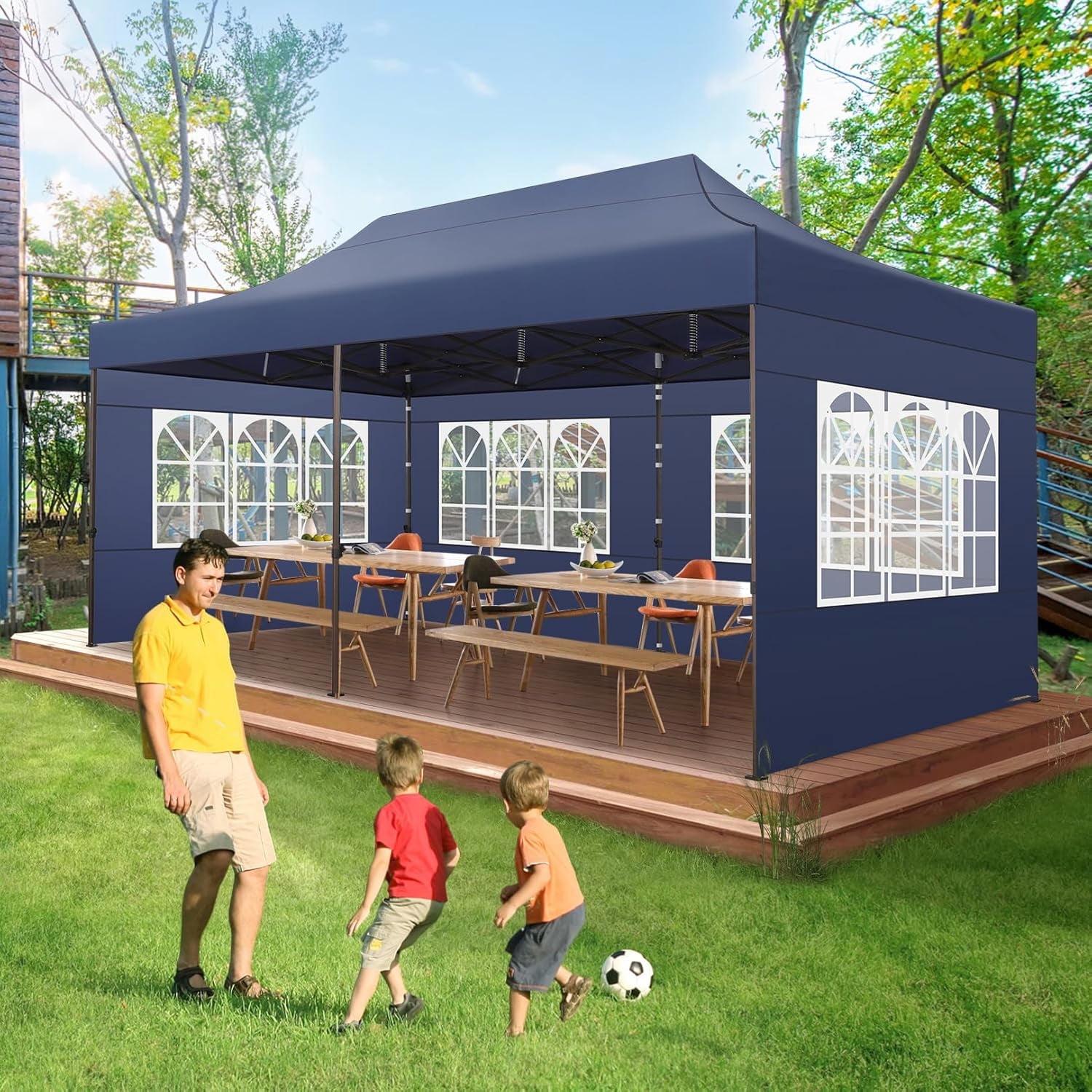 COBIZI 10x30 Heavy Duty Pop Up Canopy with 5 Sidewalls, Waterproof and UV50+ Party Tent for Weddings, Patio, Commercial Use, Includes Roller Bag & 4 Sandbags, Dark Blue