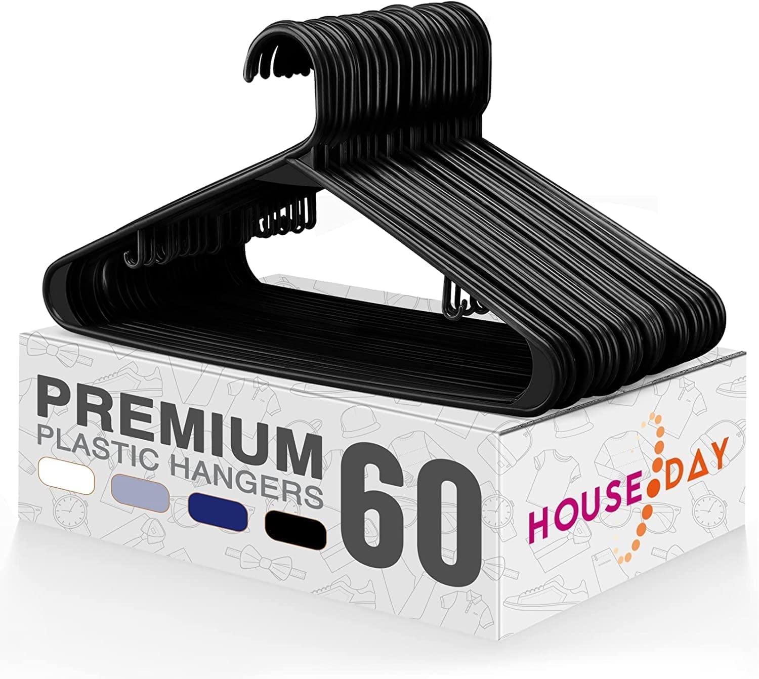 HOUSE DAY Black Plastic Hangers 60 Pack, Durable Clothes Hanger with Hooks, Space Saving Hangers Perfect for Use in Any Closet
