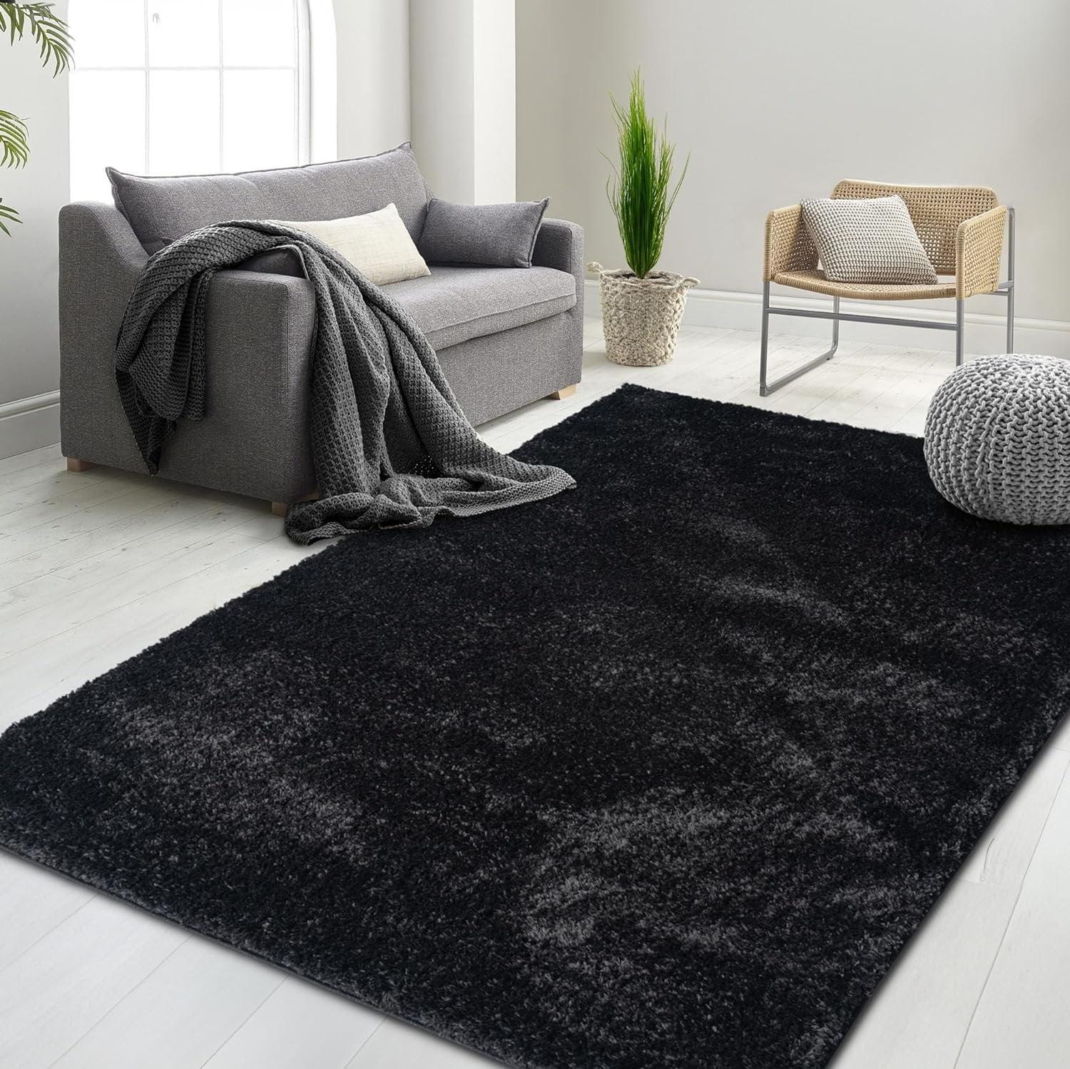 HT Design Rectengular Shag Area Rug, 5x7 Solid Color Low Pile Shag, Easy to clean, Pet Friendly, Soft Nursery Runner Rug for Living Rooms, Bedrooms, Black